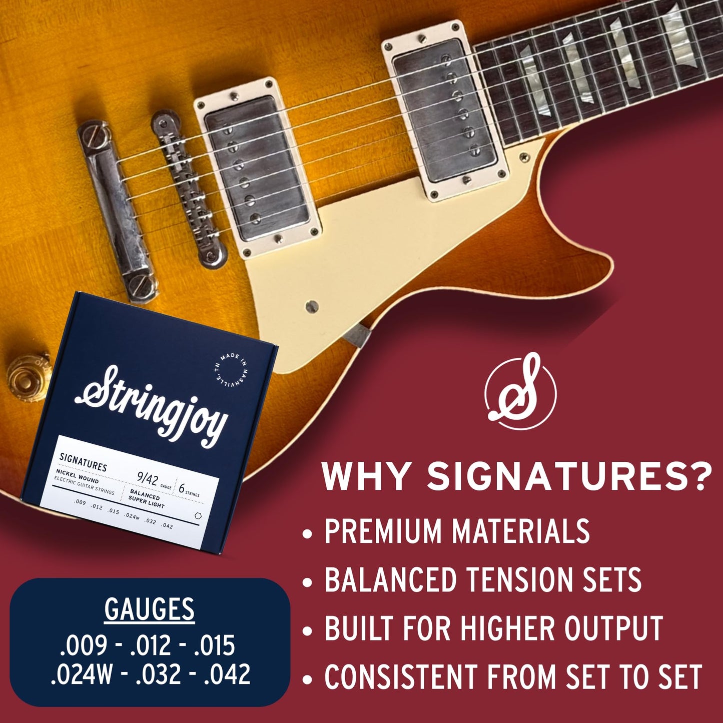 Stringjoy Balanced Super Light Gauge Signatures Nickel Electric Guitar Strings 9-42, BAL9, Exceptional Playability and Tone, Electric 6 String Set, 2-Pack