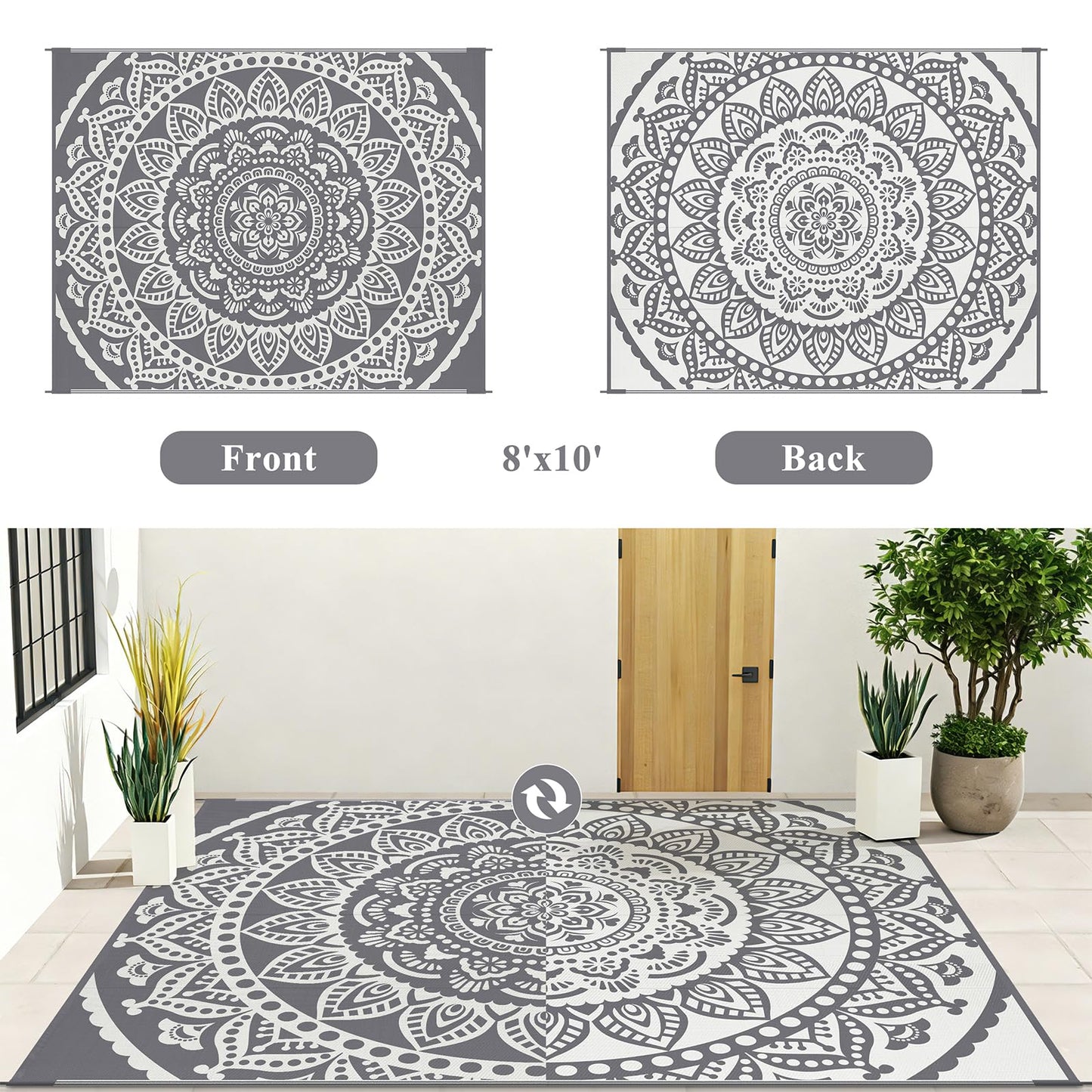 Bsmathom Waterproof Outdoor Rug 8'x10' Reversible Boho Plastic Straw Patio Deck Camping Rugs, Indoor Outdoor Portable RV Mat Clearance Carpet for Outside, Porch, Balcony, Backyard, Beach, Pool