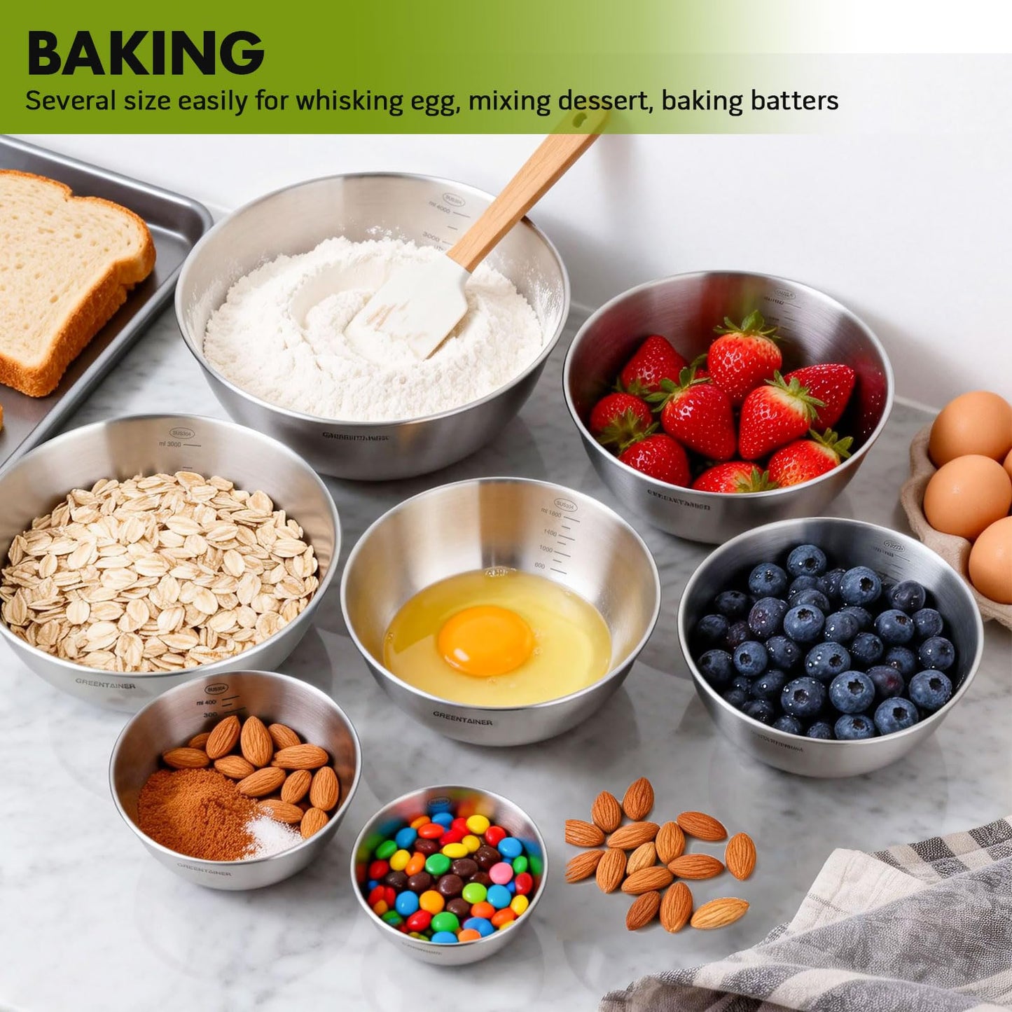 7-Piece Stainless Steel Mixing Bowls Set for Kitchen, Nesting Bowls for Mixing, Baking, Prepping, Cooking and Serving Food, Metal Mixing Bowls Dishwasher Safe (7)