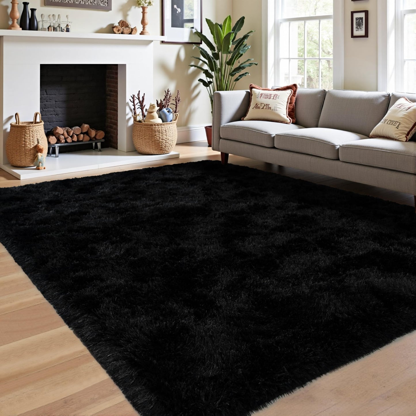 FLCODE Area Rugs for Living Room,4x6 Fluffy Black Rugs for Bedroom,Soft Thick Shag Washable Bedside Throw Carpet for Kids Room,Non-Slip Shaggy Nursery Rug