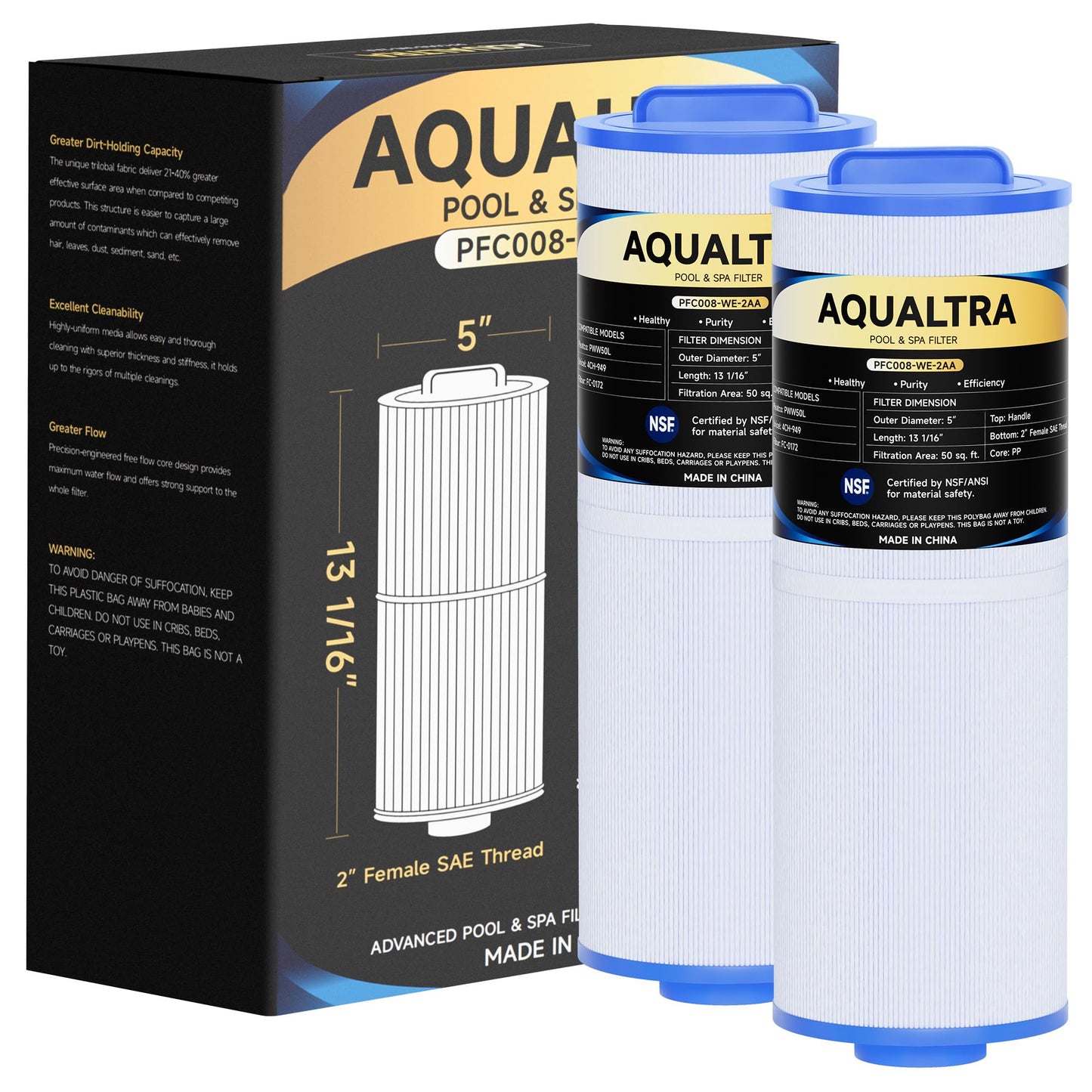 AQUALTRA Spa Filter Replacement Compatible with PWW50L, 4CH-949, FC-0172, SD-01143, Waterway 817-4050, Dynasty Rising Dragon 50, SC757, FD2007, 5" x 13 1/16" Screw in Hot Tub Filter 2 Pack