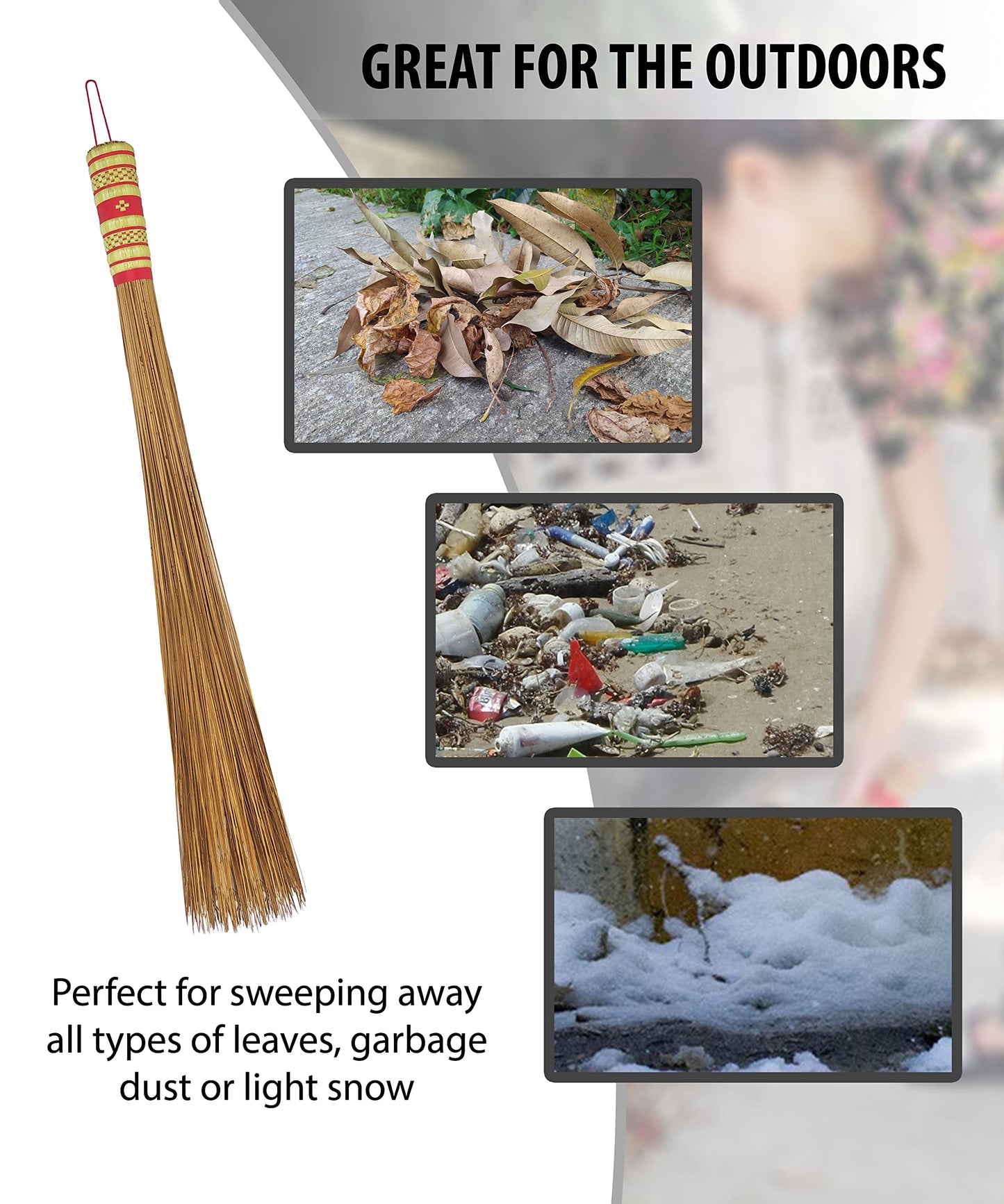 32 inch Multi-Surface Sturdy Outdoor Authentic Coconut Leaf Broom Asian Heavy Duty Broom Thai Natural Coconut Leaf Broom (Country Rustic) (1 Piece)