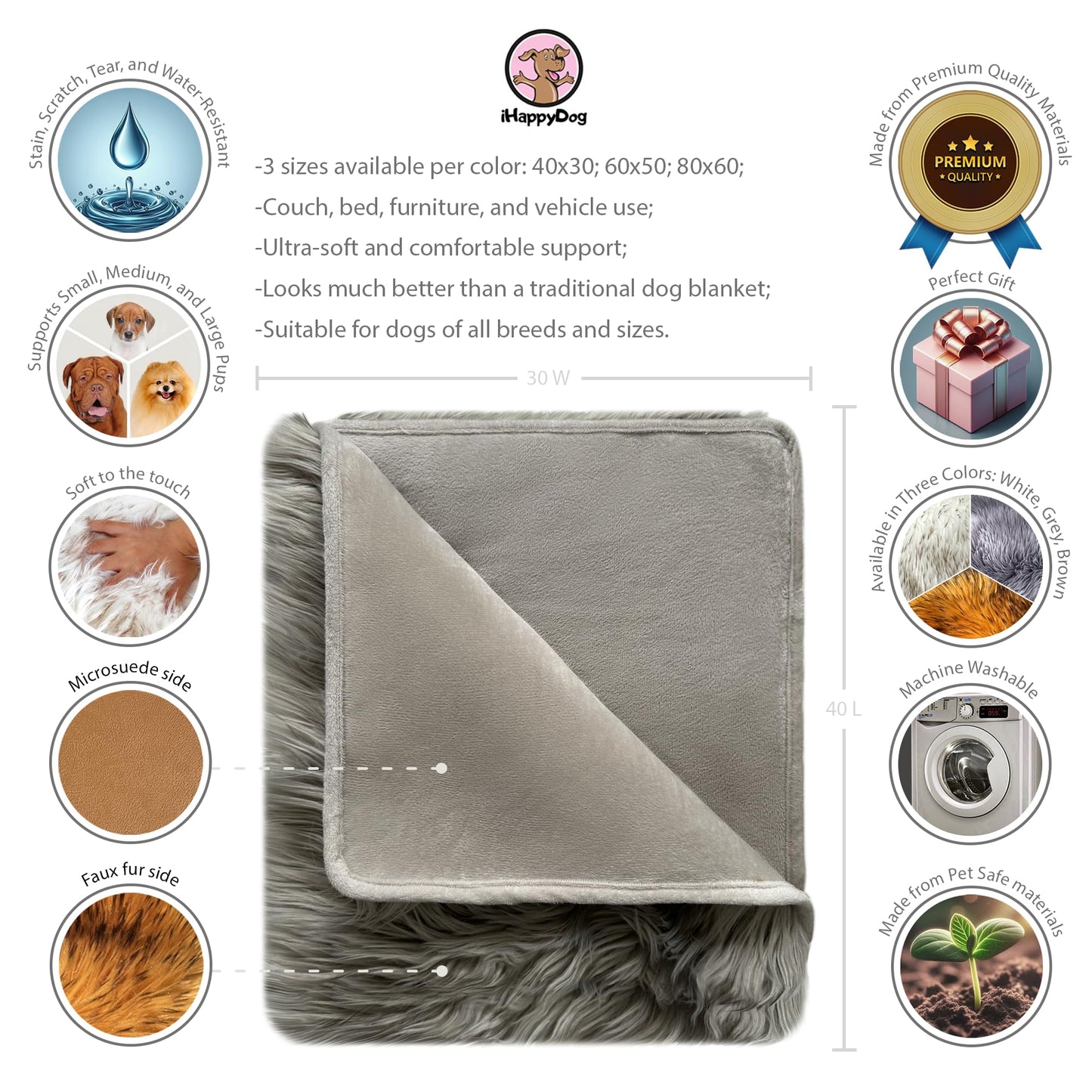 iHappyDog Waterproof Dog Blanket for Small, Medium & Large Dogs – Faux Fur Pet Throw for Couch, Sofa, Bed & Car – Soft, Washable, Stain-Resistant, Durable Cover – Grey 40" x 30"