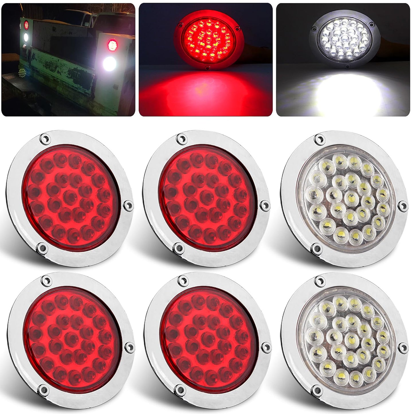 6Pcs 4 Inch Round Led Trailer Tail Lights Kit, 4 Red + 2 White 4" Round Led Stop Turn Tail Back-up Reverse Lights 24 LED Flange Mount for Truck Trailer RV Camper Tail Lights w/Chrome Plastic Bezels