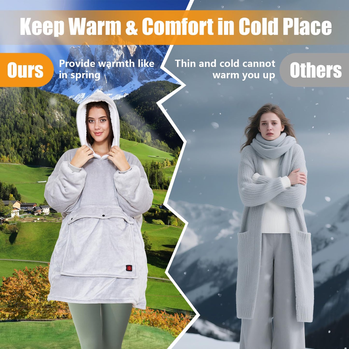 FirstE Wearable Heated Blanket Hoodie, Portable USB Heated Hoodie Blanket, Comfy Electric Wearable Hooded Sweatshirt for Women Adults Outdoor Indoor Warm,Large Pocket,3 Heating Levels,3h Auto Shut-off