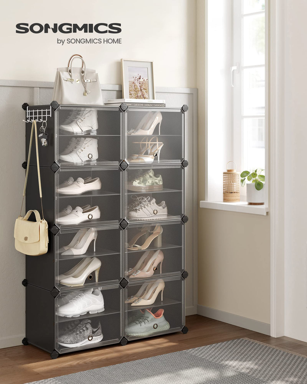 SONGMICS Shoe Rack Organizer, Shoe Storage Cabinet for Closet and Entryway, Adjustable, Steel Frame, Plastic Panel, 8 Cubes, Ink Black + Transparent
