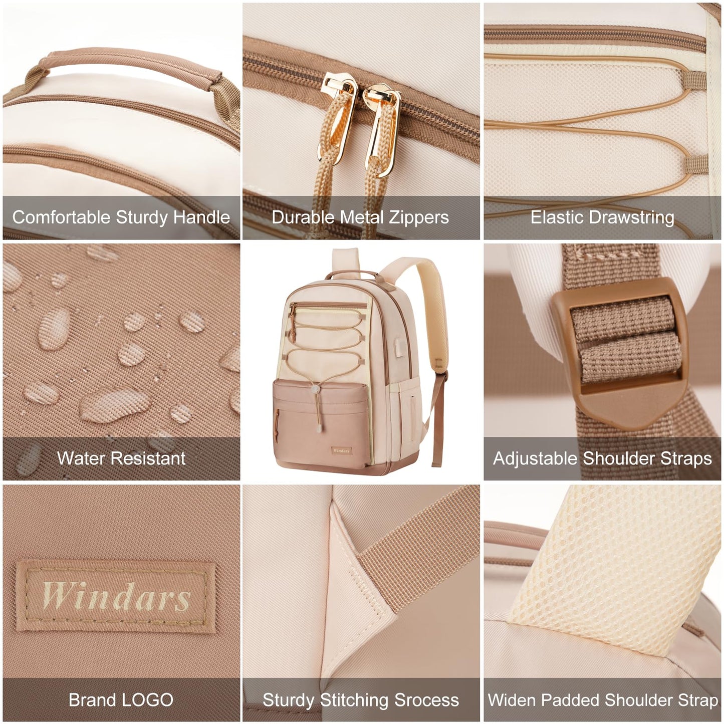 WINDARS School Backpack for Teens Girls, Aesthetic College Backpack Large Bookbag for Women Students Fashion 17.3 Inch Laptop Bag for Work Travel (Khaki Beige)
