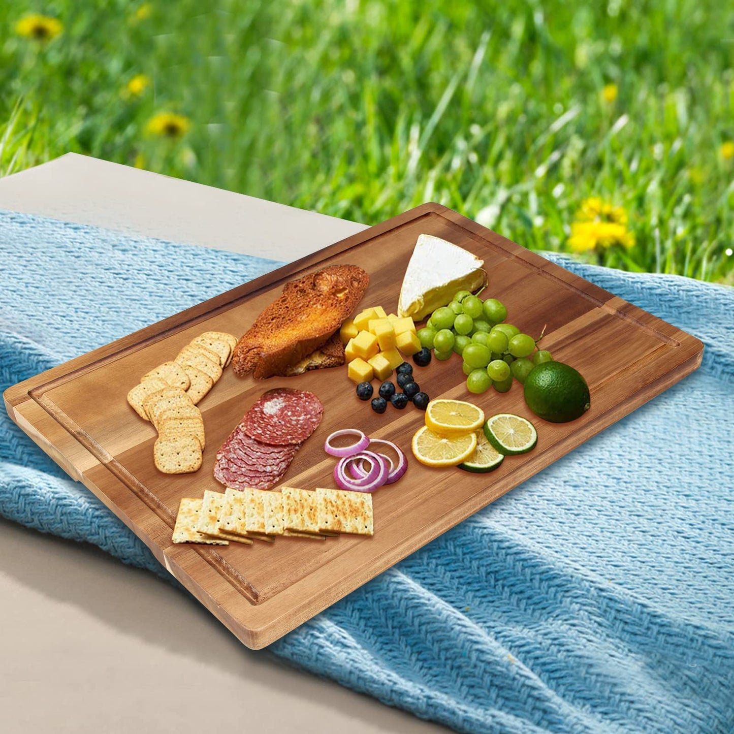 17" Solid Acacia Wood Cutting Boards for Kitchen Meat Large Wooden Charcuterie Boards Non Toxic Bamboo Cutting Board Big Hardwood Chopping Board Butcher Block Bread Serving Cheese Board Carving Board