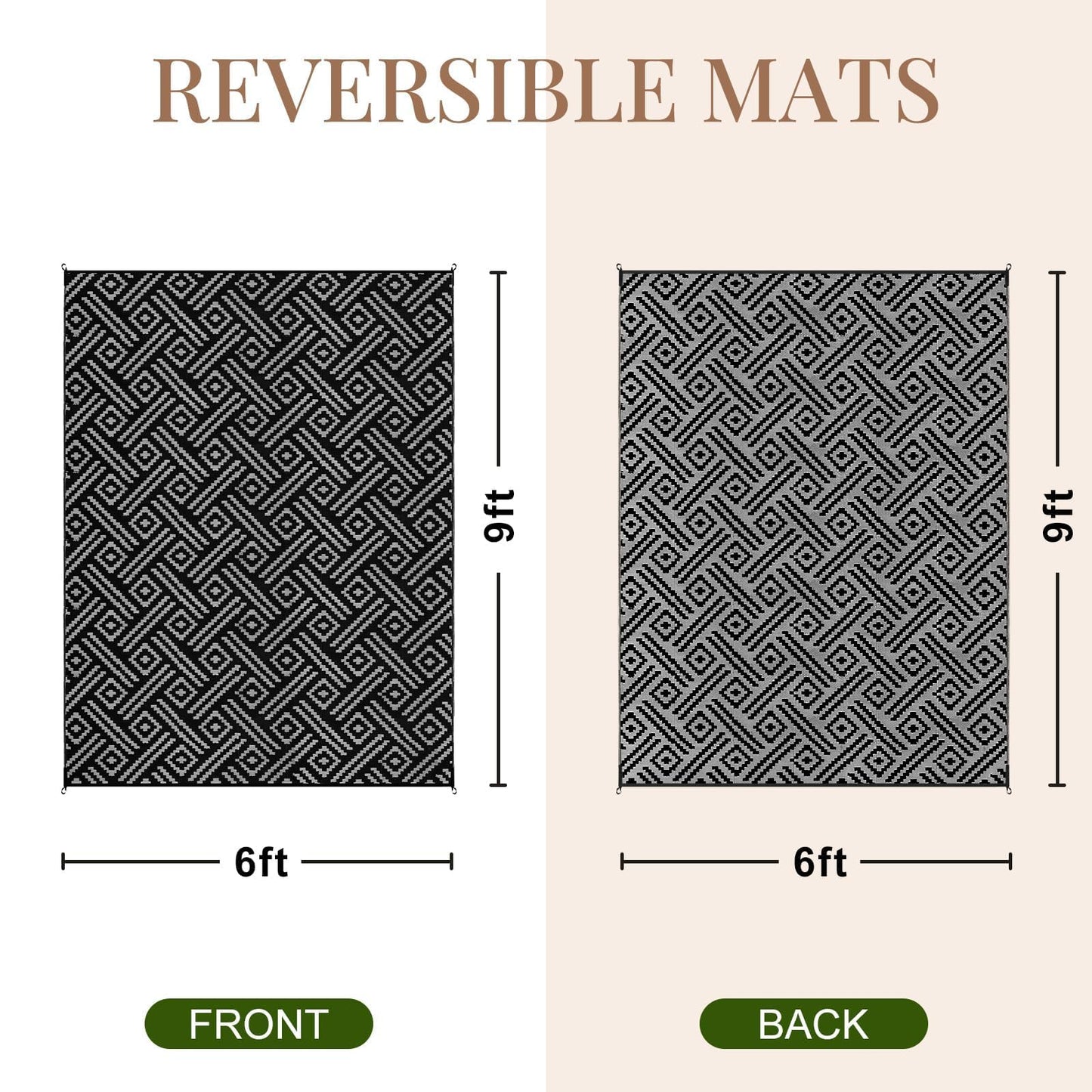 OPPODREAM Outdoor Rug 6x9 Ft, Waterproof Outdoor Plastic Straw Rug for Patio, Reversible Out Door Carpet for Camping, Deck, Rv, 6 x 9 Area Carpet Balcony, Porch, Backyard, Black and Grey