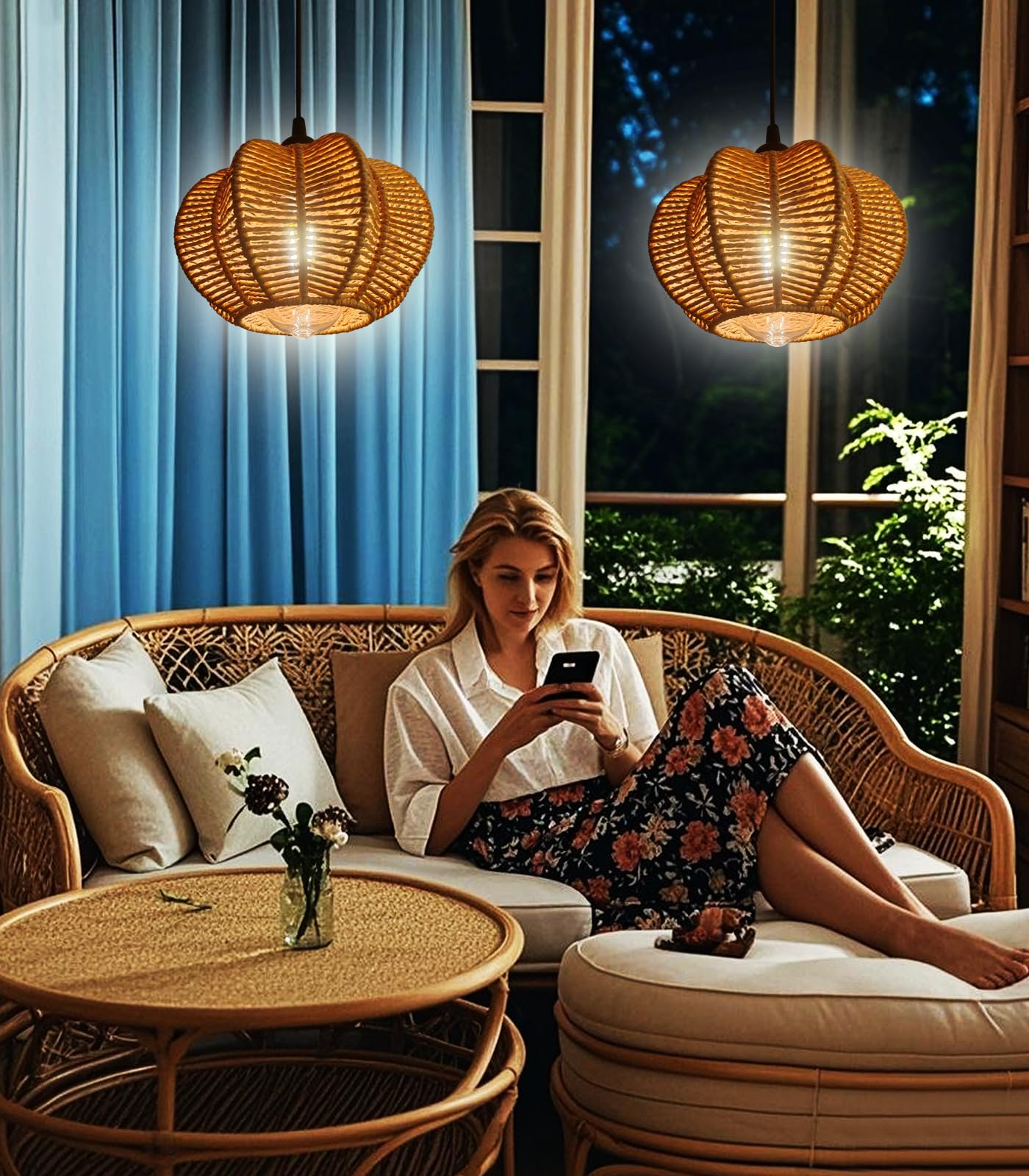 Battery Operated Chandelier Outdoor Waterproof, Gazebo Lights Battery Powered, Boho Rattan Hanging Pendant Light for Porch, Patio, Pergola, Garden, Balcony (2 Pack)