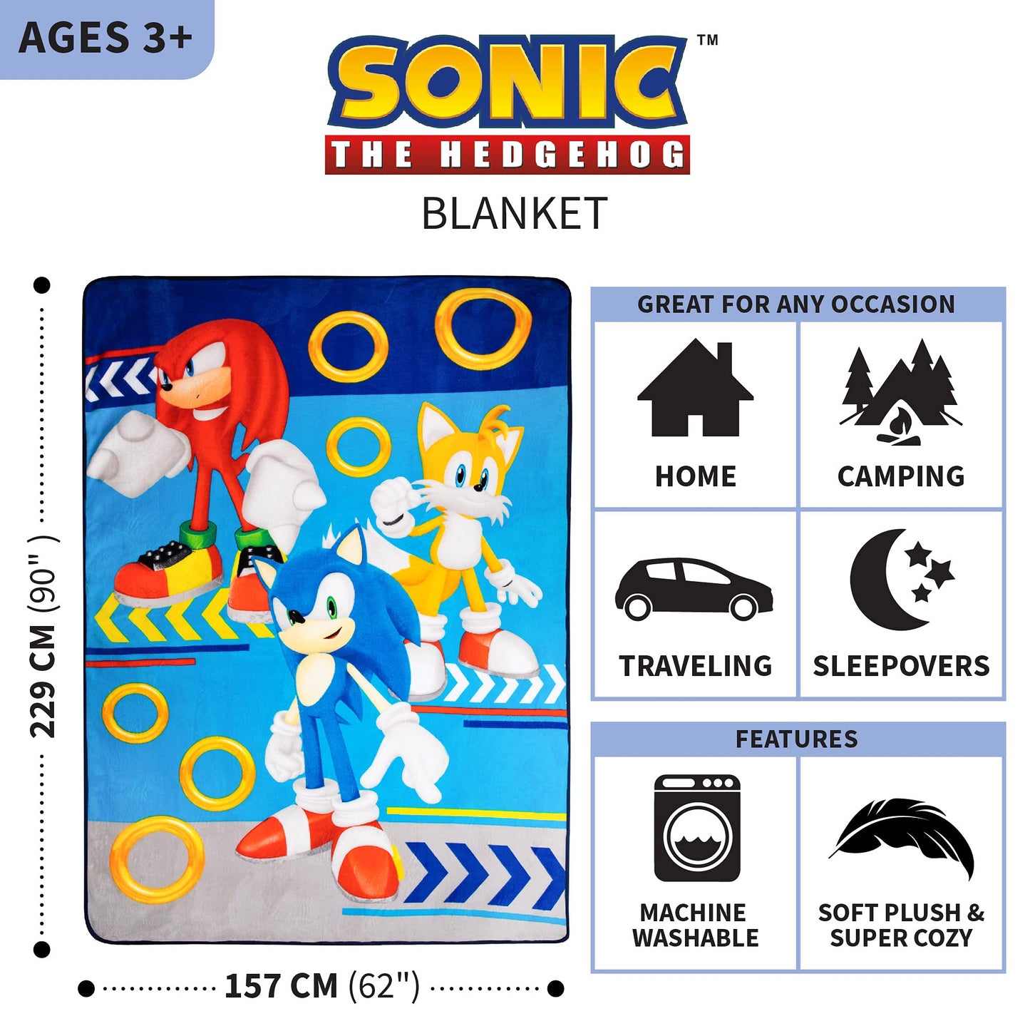 Franco Kids Bedding Ultra Soft Plush Micro Raschel Blanket, 62 in x 90 in, Sonic The Hedgehog