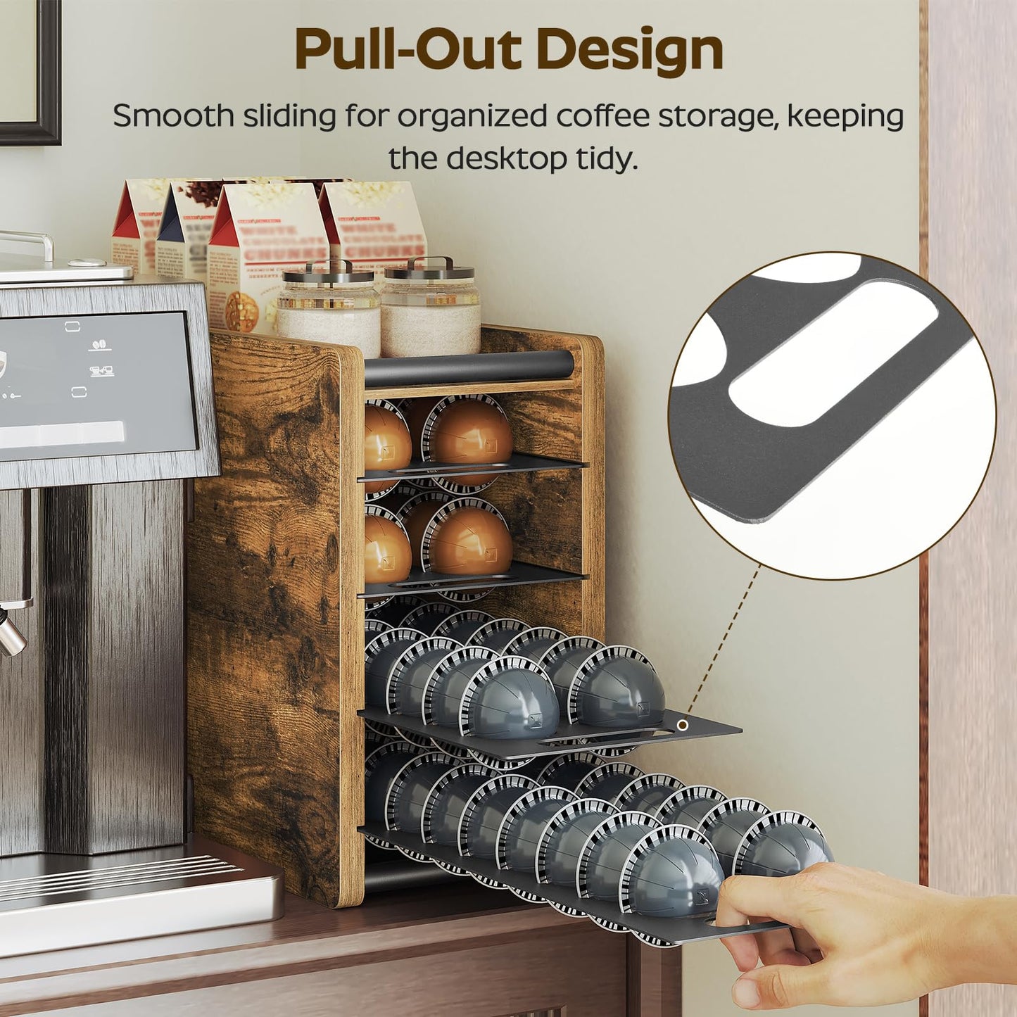 YATINEY Coffee Pod Drawer Holder, 72 Pods Large Capacity, 4 Tier Holder for Vertuo, Coffee Pod Organizer for Countertop, Storage Rack for Nespresso Vertuo Pods, Space Saving, Rustic Brown KH06BR