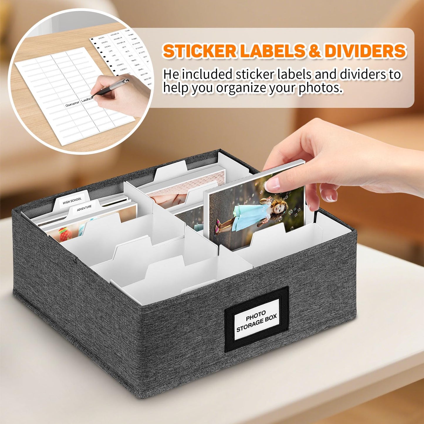 Photo Storage Box with Lid, Photo Organizer Box Fits Holds Up to 1700 and 4x6 Pictures, with 8 Adjustable Dividers, 60 Labels, Photo Album Box for Envelopes, Scrapbooking, Recipes,Cards, Stamps
