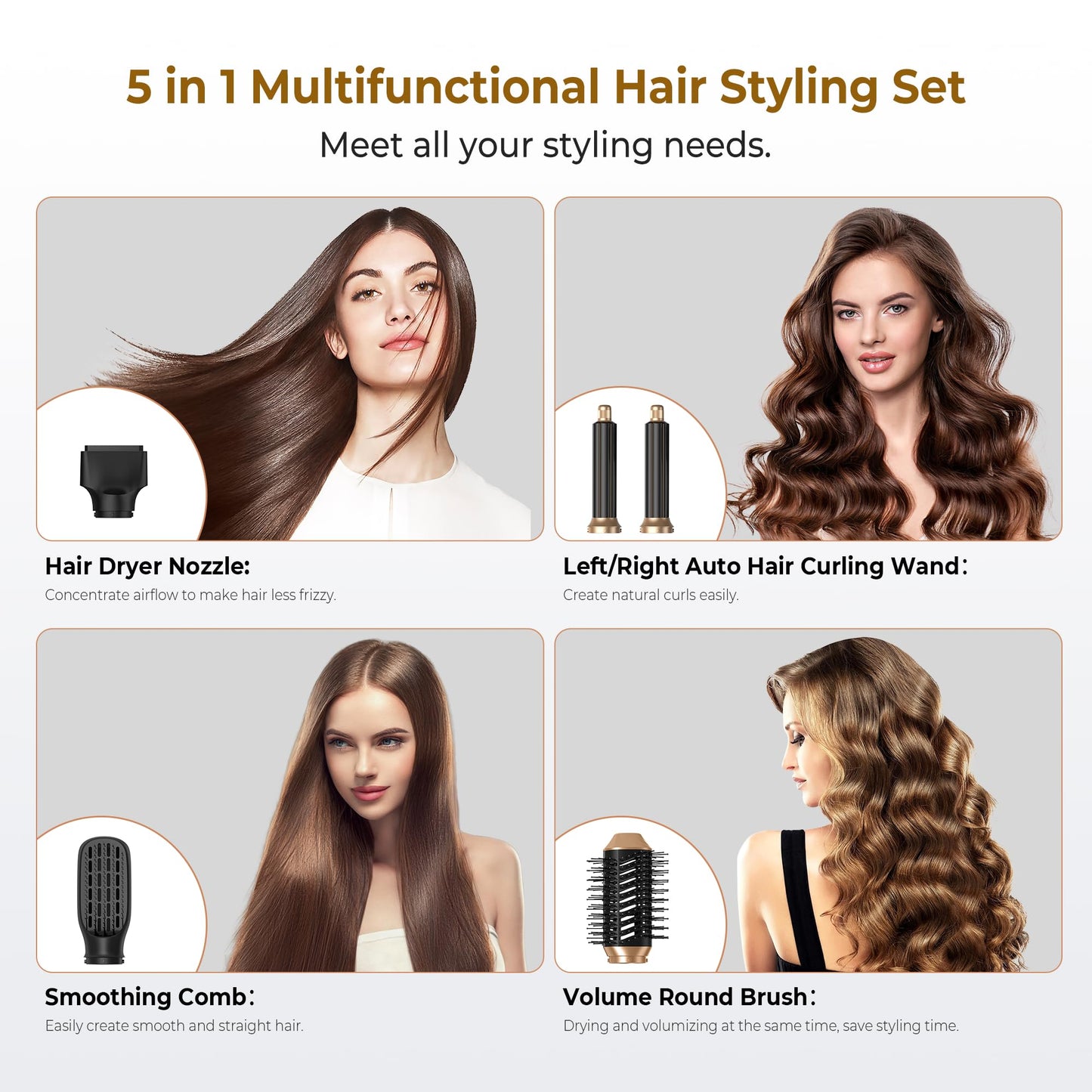 5 in 1 Blow Dryer Brush,Hair Dryer Brush with Detachable Air Styler,Negative Ionic Magic Hair Styler,Hot Air Brush for Women Volumizer,Straightener,Drying