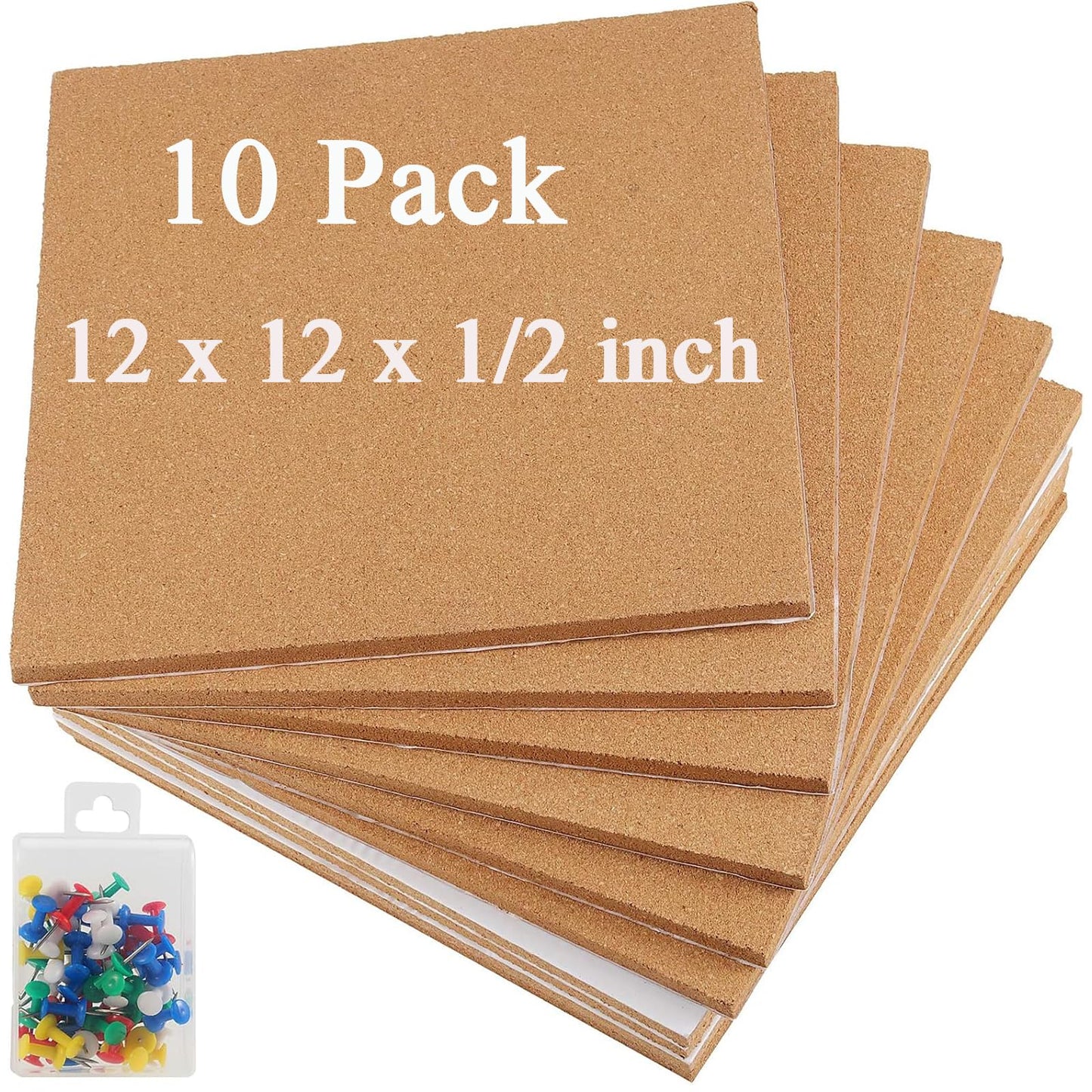 ZEONHAK 10 Pack Cork Bulletin Board 12"x12", 1/2" Thick Self-Adhesive Cork Board Tiles with 50 PCS Pushpins, Frameless Cork Tiles for Wall Decor, DIY, Office, Home