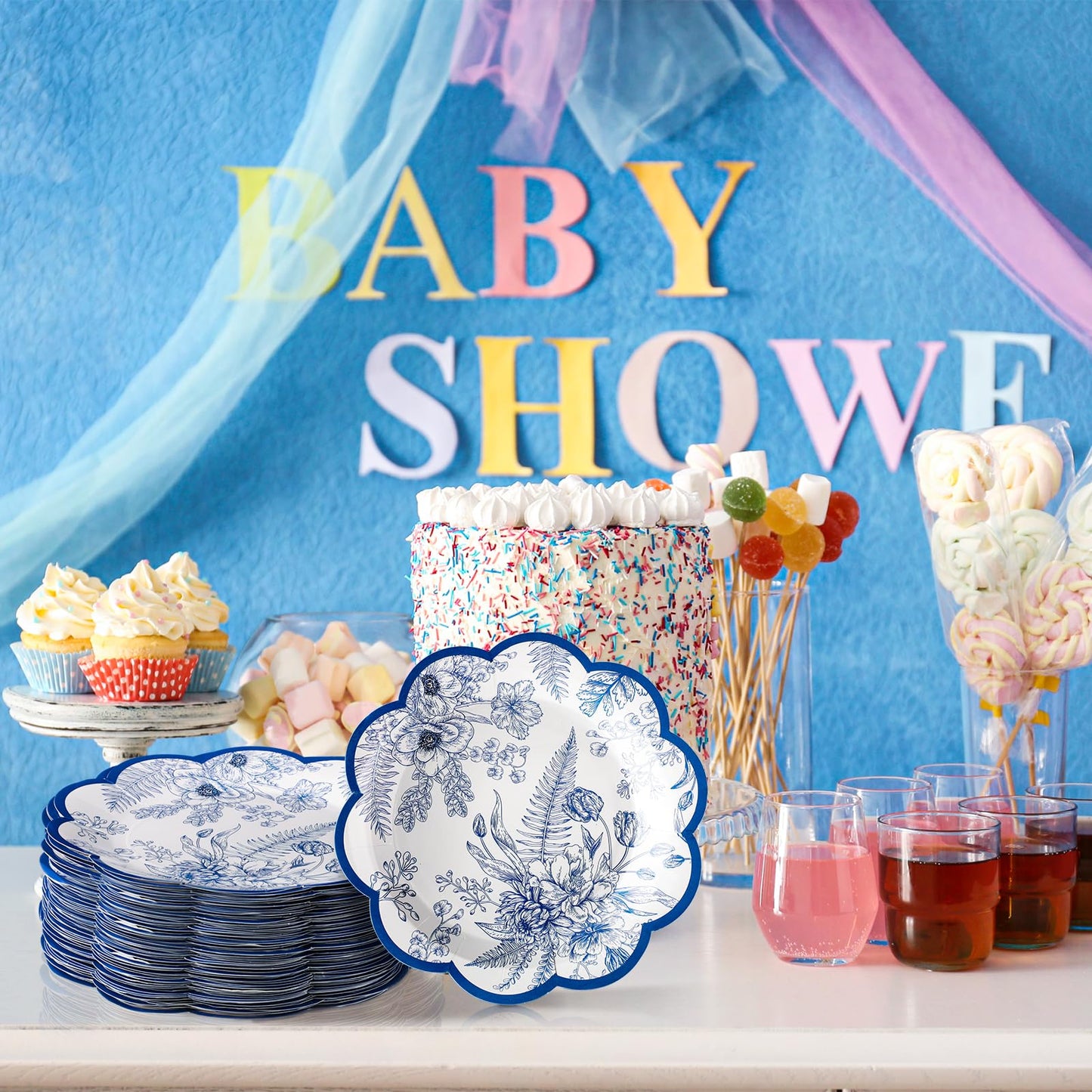 100 Pcs Blue Floral Paper Plates Disposable Dessert Baby Bridal Shower Party Supplies Floral Dessert Plates Bulk Birthday Tea Party Serving Tray for Wedding Birthday Supplies