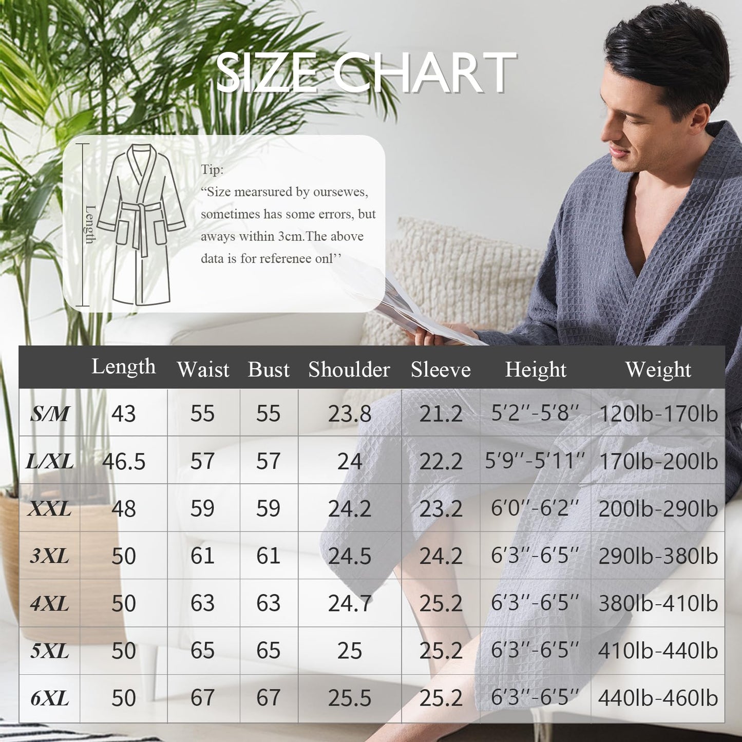 Mens Robes All-Season Waffle Lightweight Spa Knit Shawl Bathrobe Soft Knee Length Sleepwear