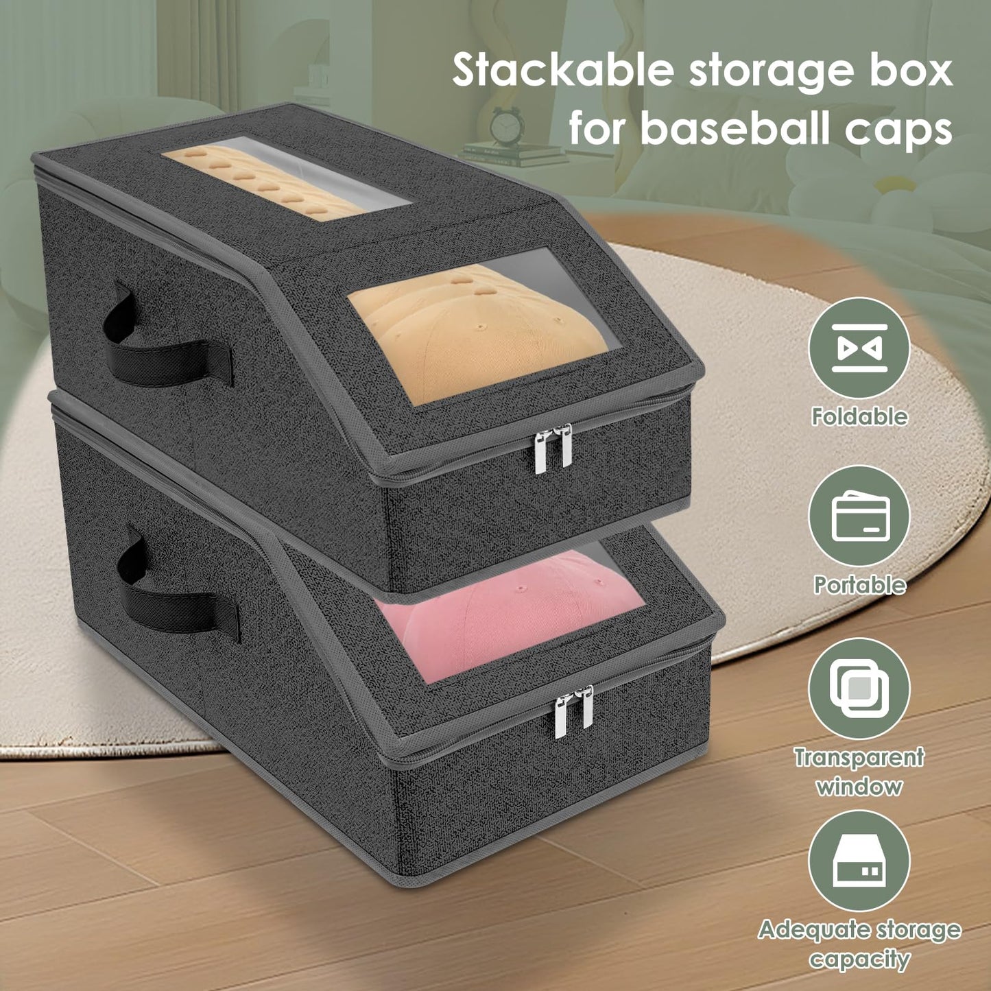 Hat Storage for Baseball Caps, 2 Pcs Stackable Hat Organizer for Closet, Baseball Cap Organizer Holder Holds up to 24 Caps Hat Cap Storage Box Bins with Clear Window Lid & Handle for Shelf, Wardrobe