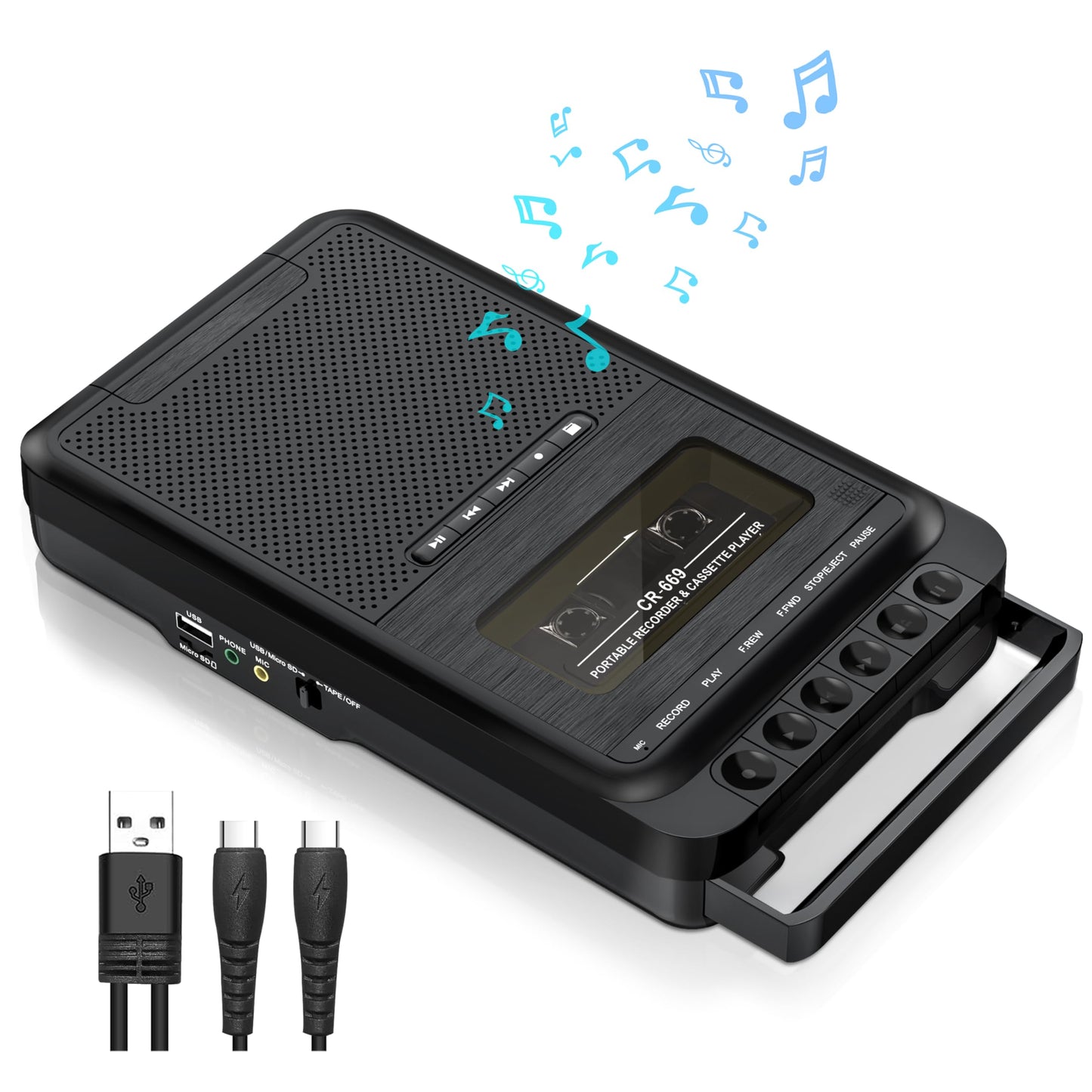Cassette Player Converter, Portable Cassette to MP3 Music via U Disk/SD Card or PC, Record to Cassettes/USB/SD Card via Mic,Cassette Tape Player with Headphone Jack,Retractable Handle (Black)