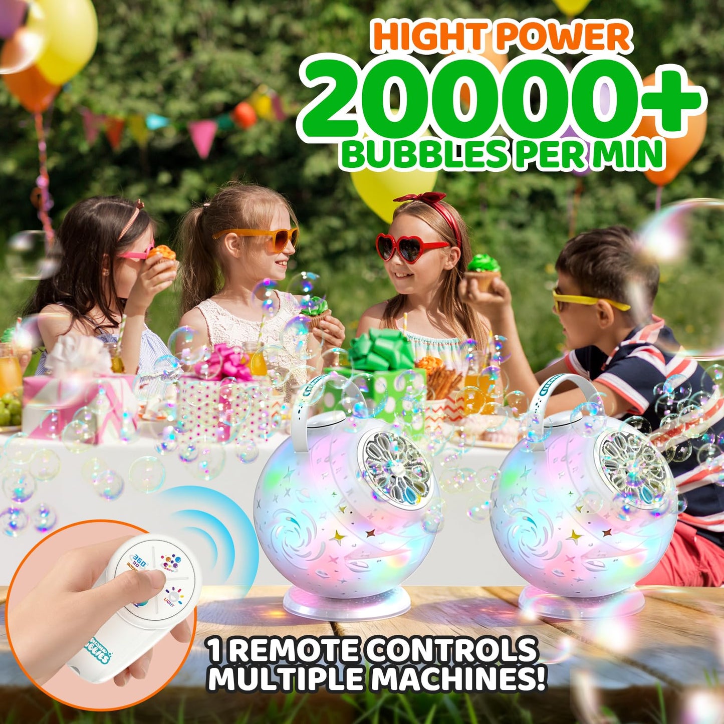 Bubble Machine, Rechargeable Bubble Blower with Remote Control, 10-Hole Bubble Maker for Kids, 7-Color Lights, 90°/360° Rotation, USB-C Charging, Outdoor Toys Gift for Boys Girls Parties, Birthday