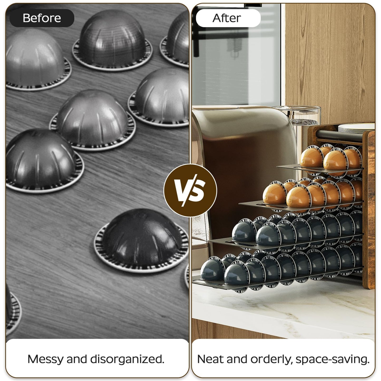 YATINEY Coffee Pod Drawer Holder, 72 Pods Large Capacity, 4 Tier Holder for Vertuo, Coffee Pod Organizer for Countertop, Storage Rack for Nespresso Vertuo Pods, Space Saving, Rustic Brown KH06BR