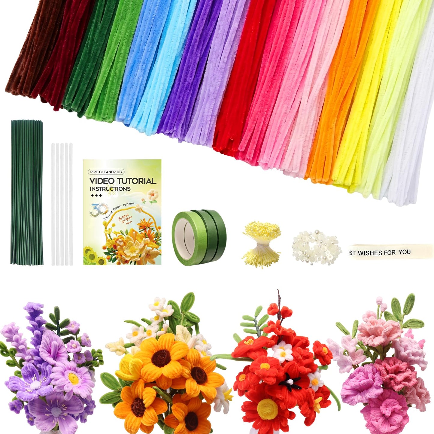 660 PCS Pipe Cleaner Flower Kit, 16 Colors Thick Chenille Stems Pipe Cleaner Bulk, Pipe Cleaners Craft Supplies with Viedo Instruction, Floral Wires, Tape, Stamen, Ribbon for DIY Art & Flower Making