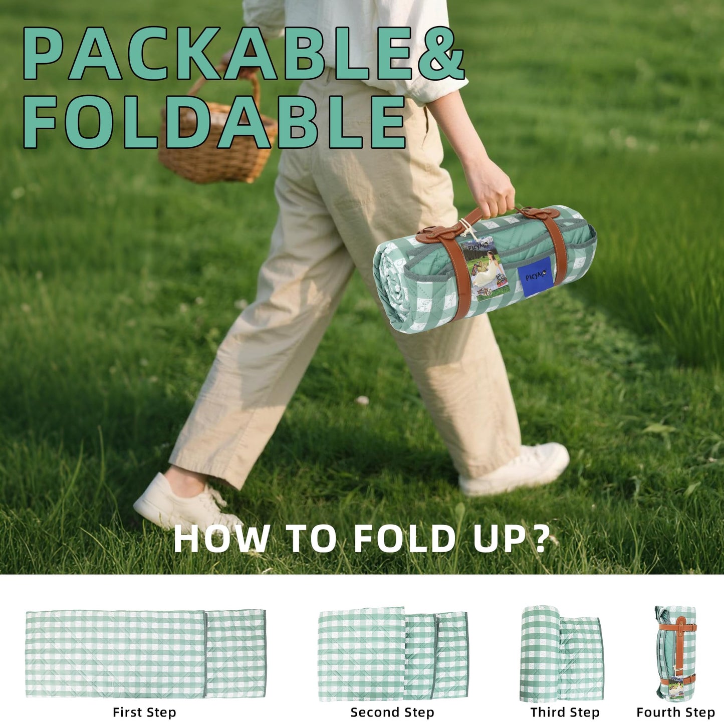 Waterproof 80"X80" Picnic Blankets Thick Outdoor Picnic Mat with 4 Luminous Stakes Foldable Camping Blanket Portable with Carry Strap for Beach Park Grass Park Hiking