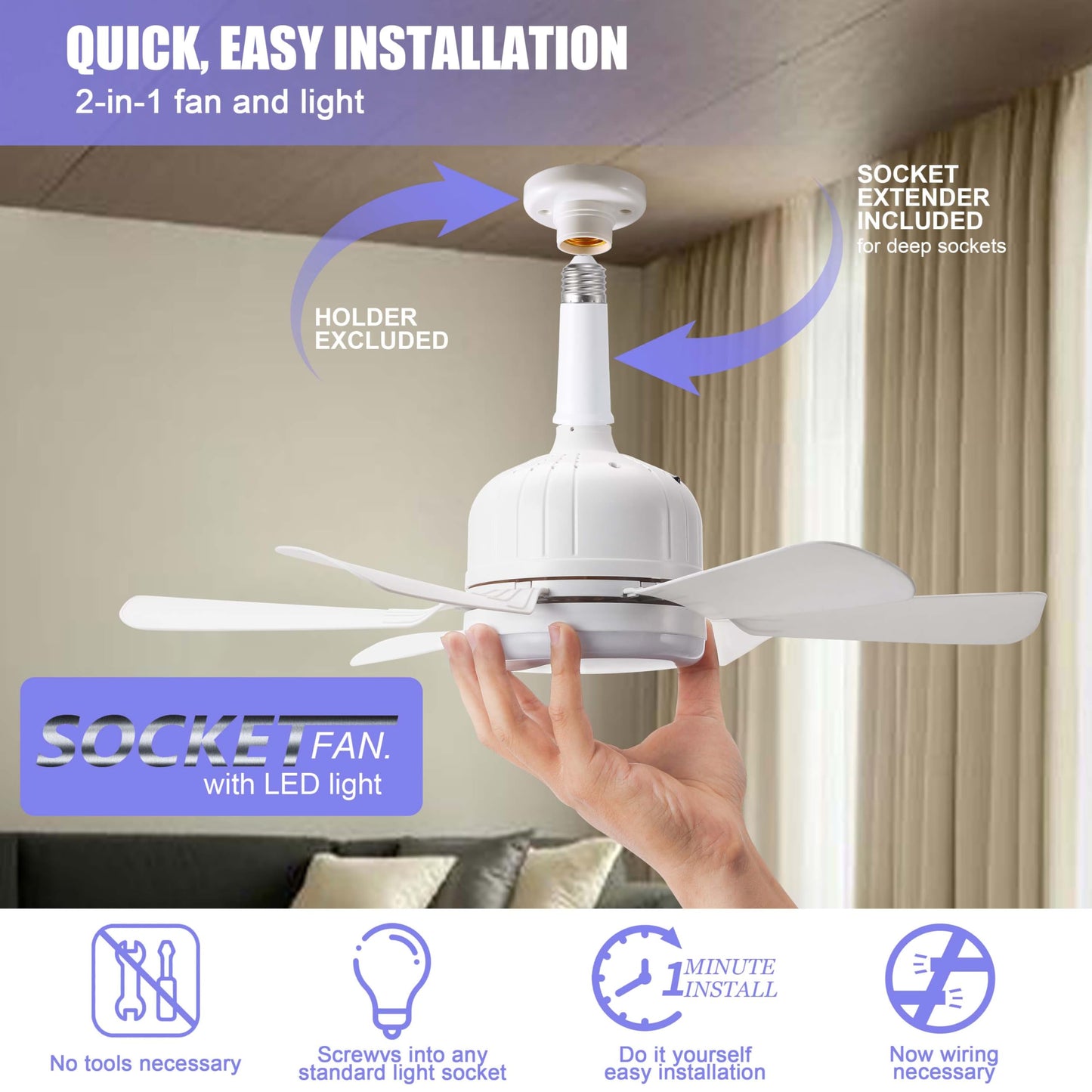 Modern 6-Blade White Socket Ceiling Fan with LED Light, 3-Speed Remote Control,E26 Base Tool-Free Install, 18.11 inches Diameter, Quiet DC Motor for Bedrooms, Kitchens & Living Rooms
