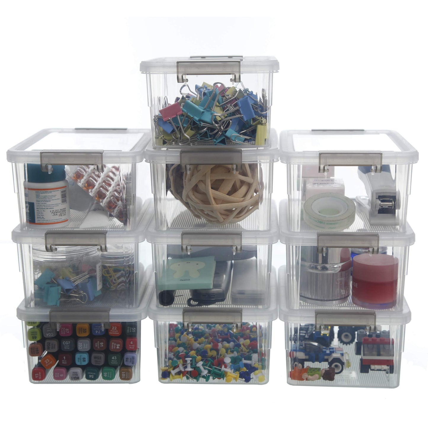 Citylife 1.3 QT 10 Pack Small Storage Bins Plastic Storage Container Stackable Box with Lids for Organizing, Clear White