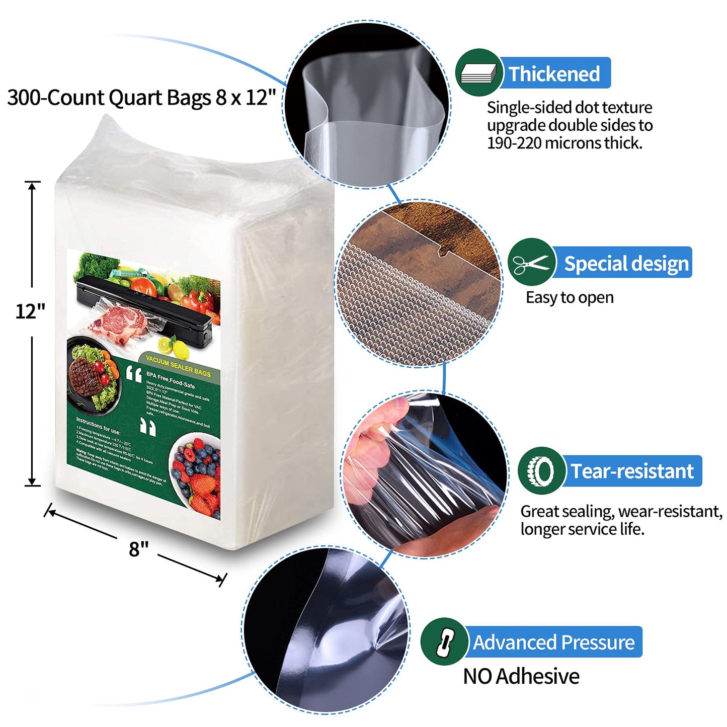 300 Count Vacuum Sealer Bags for Food Saver, 8x12 Inch Quart Size, BPA Free Precut Sous Vide Bags, Commercial Grade Vacuum Seal Bags for Food Storage, Compatible with All Vacuum Sealer Machines