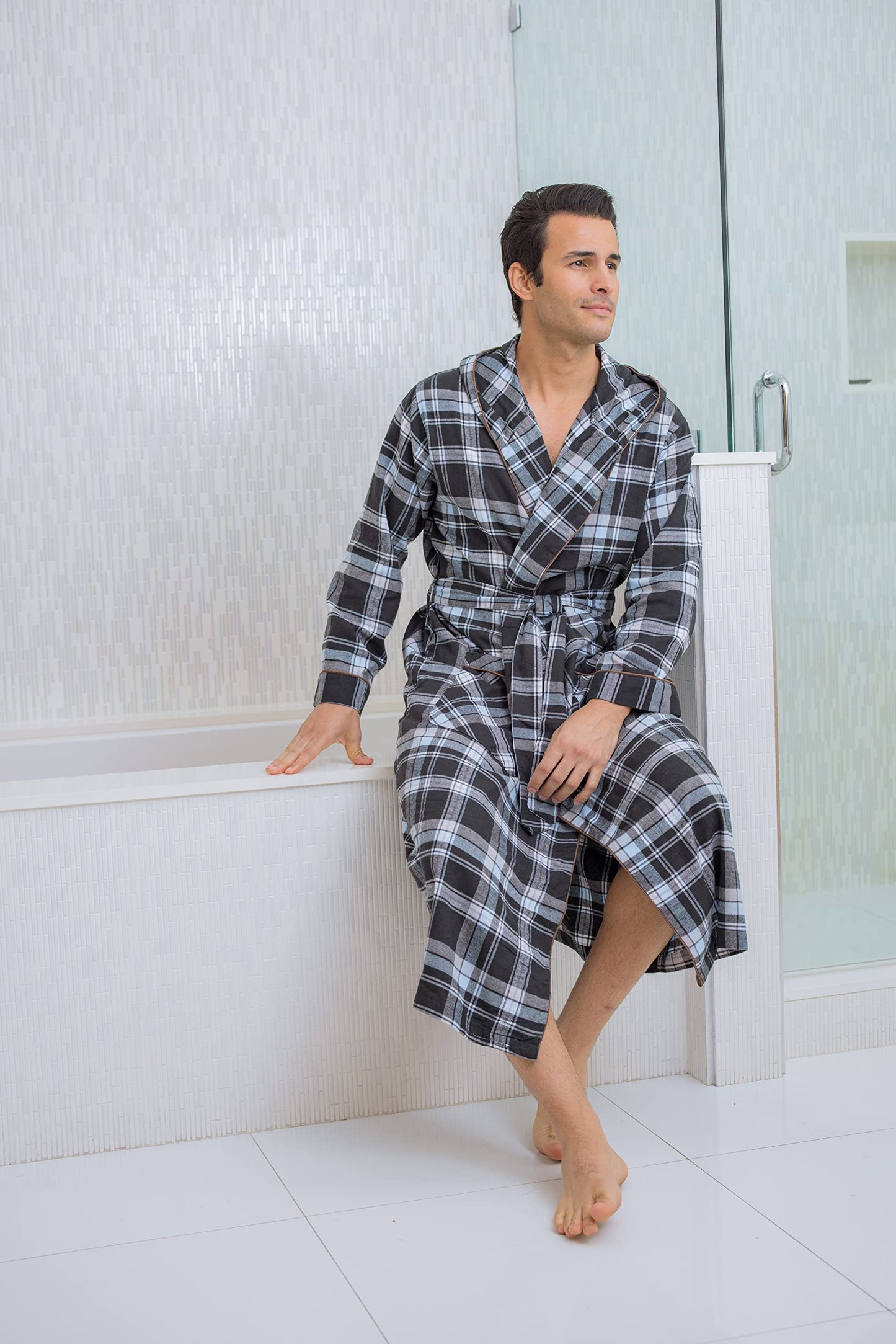 AMERICAN HEAVEN Men's Flannel Fleece Robe | Soft Cotton Shawl Collar Full Length Plaid Robe, Black/Blue Plaid, Small-Medium