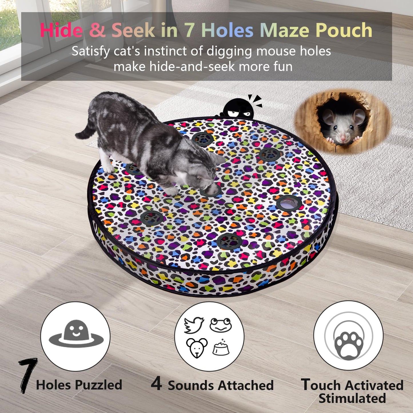 ORSDA Cat Toys Ball, Automatic Fast Rolling Ball in Pouch, Hide and Seek Cat Toy for Indoor Cats, Motion Chirping Activated Moving Ball, 7 Holes Mat Mouse Catching Game