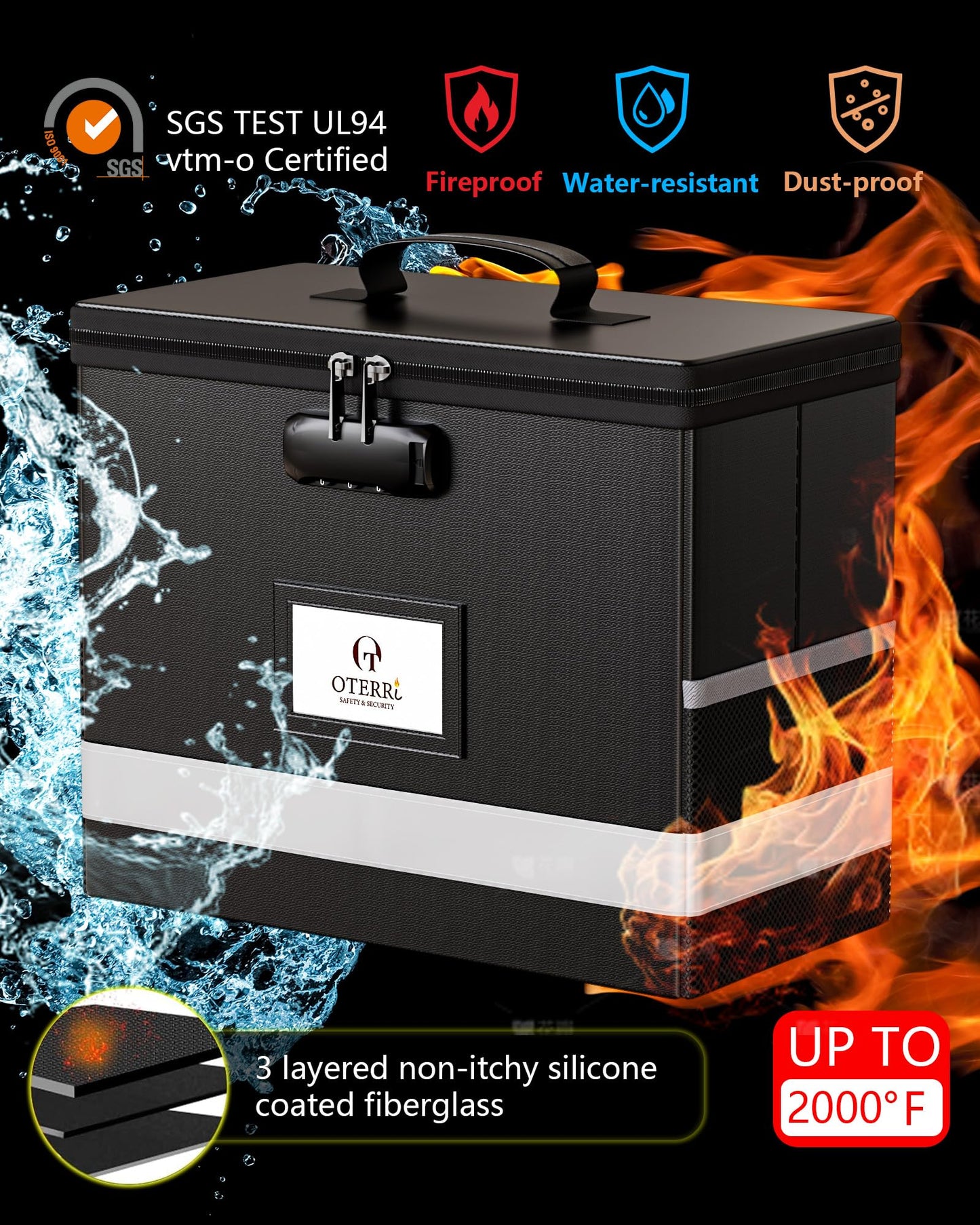 Oterri Fireproof Document Box with Lock, Letter File Box, Portable Fire Safe Box with Handle, Waterproof Important Document Organizer Storage Safe Box for Home Travel Office (Black)