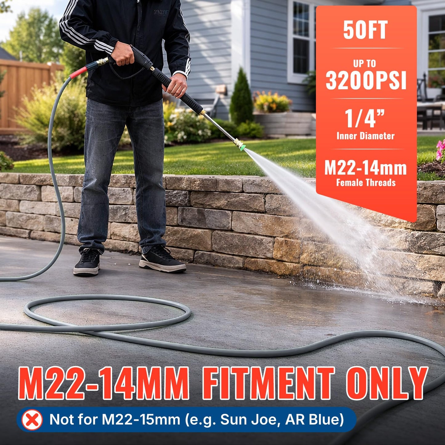 YAMATIC Super Flexible Pressure Washer Hose 50 FT X 1/4" 3200 PSI, Kink Resistant, Heavy Duty Power Washer Replacement Hose with M22-14mm x 3/8" Quick Connect