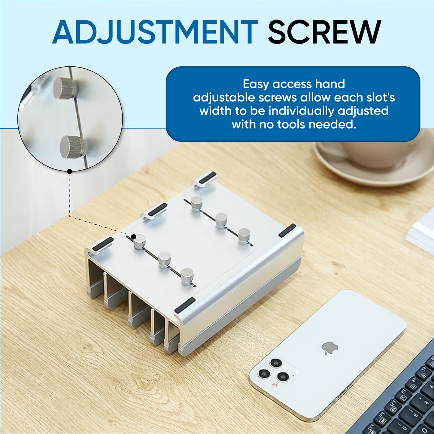 Elestoria Vertical Laptop Stand - Fits 5 Devices, Modern Design, Tool Free Adjustment, Protective & Stable (Silver)