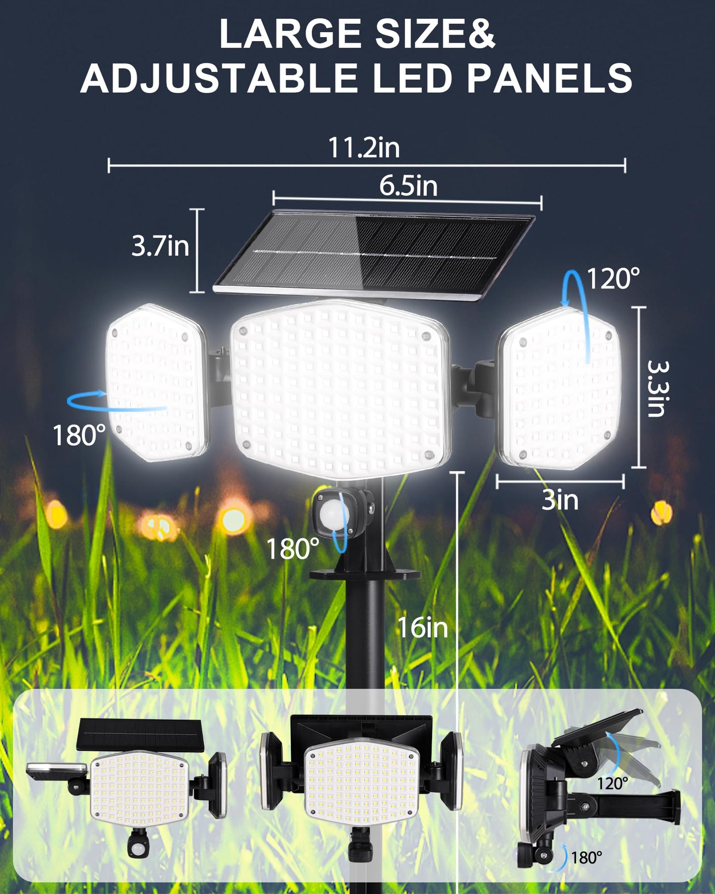 HAARAY Solar Outdoor Lights Motion Sensor Outdoor Lights with Ground Stakes, 208 LED Super Bright IP65 Waterproof 3 Head Security Flood Lights for Front Door Garden Porch Fence