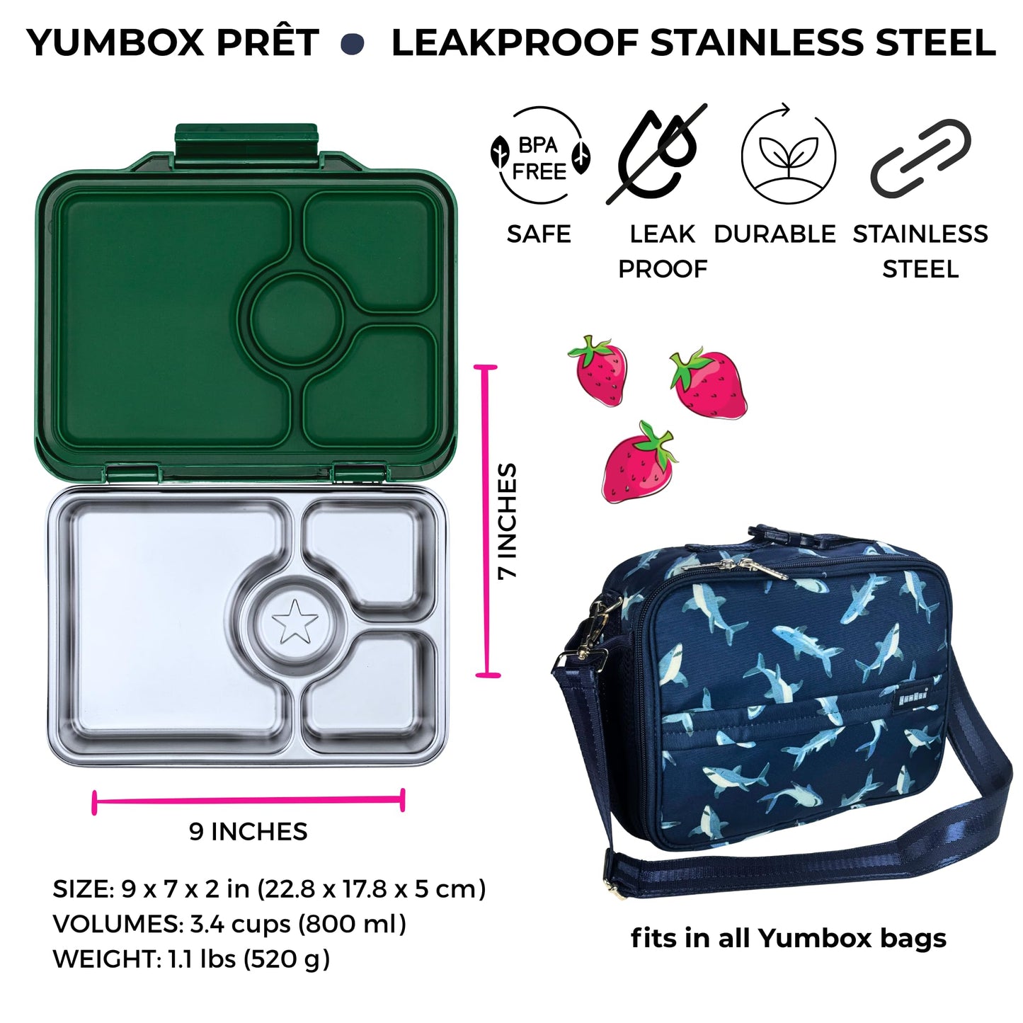 Yumbox Prêt Stainless Steel Bento Box with Leakproof Lunch Container, Sandwich Friendly Tray, Lunch Box for Kids, Adults, Travel (Dublin Green)