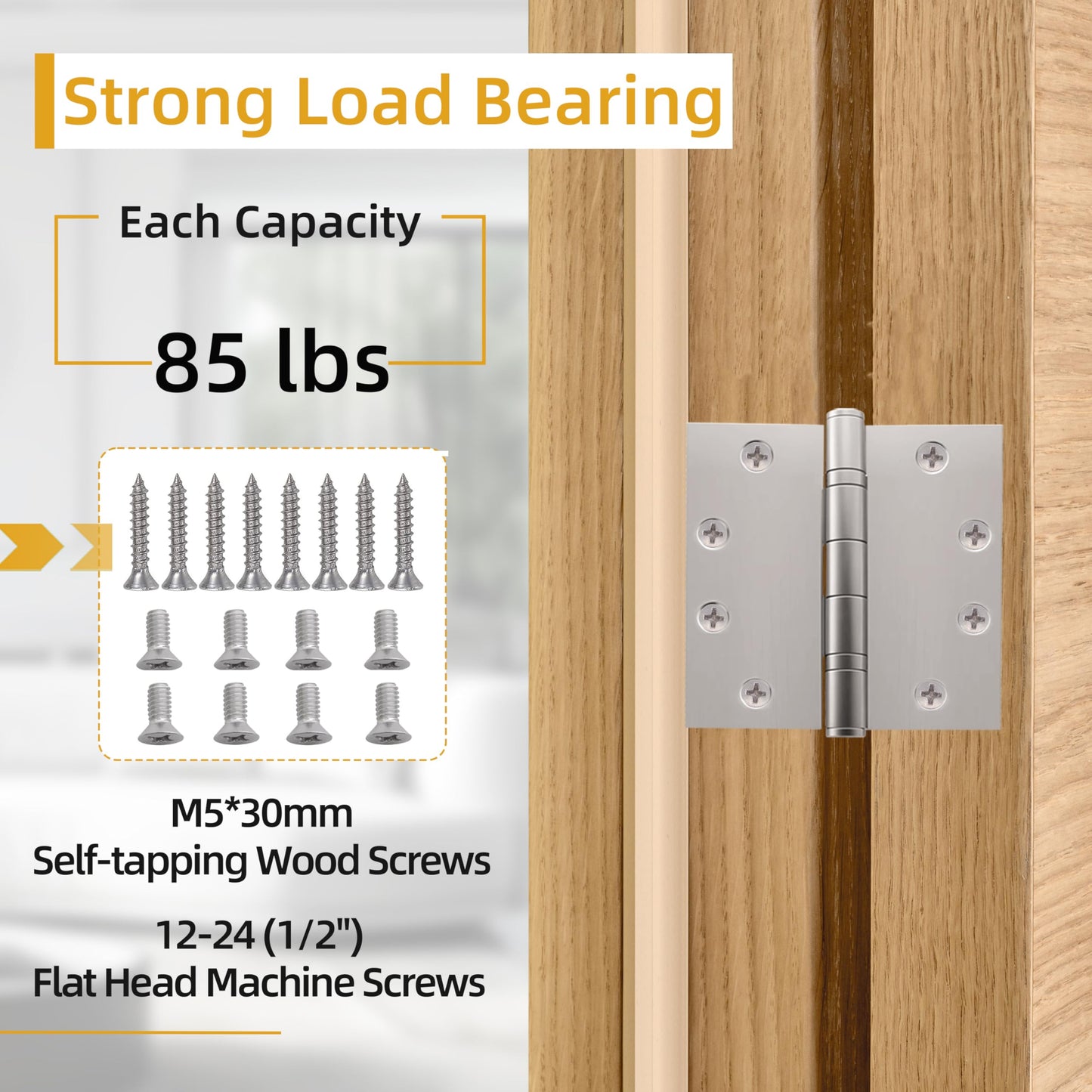 4.5 inch X 4.5 inch Heavy Duty Commercial Door Hinge with Silent Steel Plain Ball Bearing, 3 mm Thickness Stainless Steel, Square Corner with 144 Screws (6-Pack)