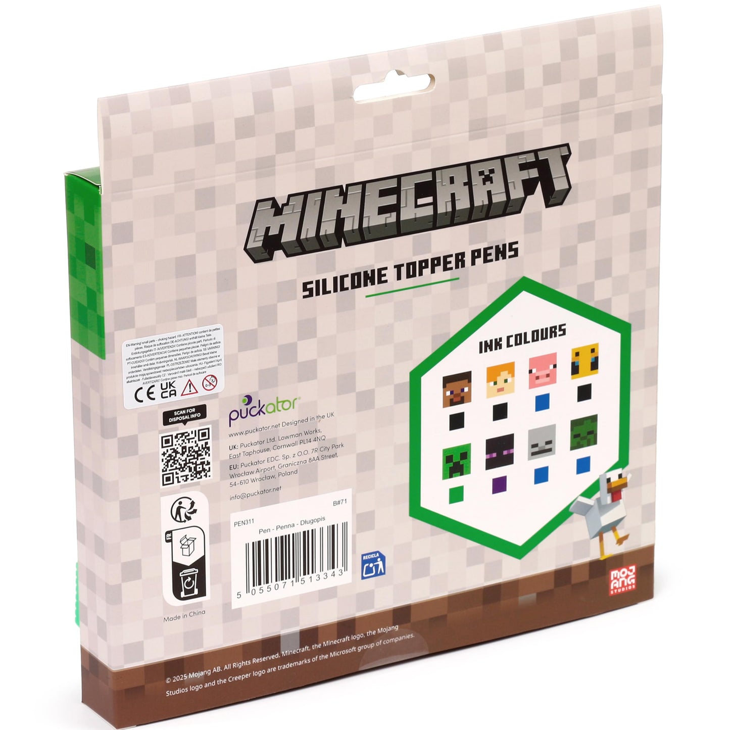 Puckator Minecraft Fine Tip Pen with Silicone Topper 8 Piece Set - Pen Stationary Set - Cool Fancy Pack of Pens Black For Office Writing College - Uni Essentials - Back to School Supplies - Non Smudge
