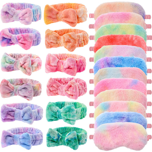 24 Pcs Sleepover Party Favors for Teenager Girl, Spa Headband for Washing Face Bow Makeup Headbands, Plush Sleep Eye Mask for Single Women Spa Pajama Party