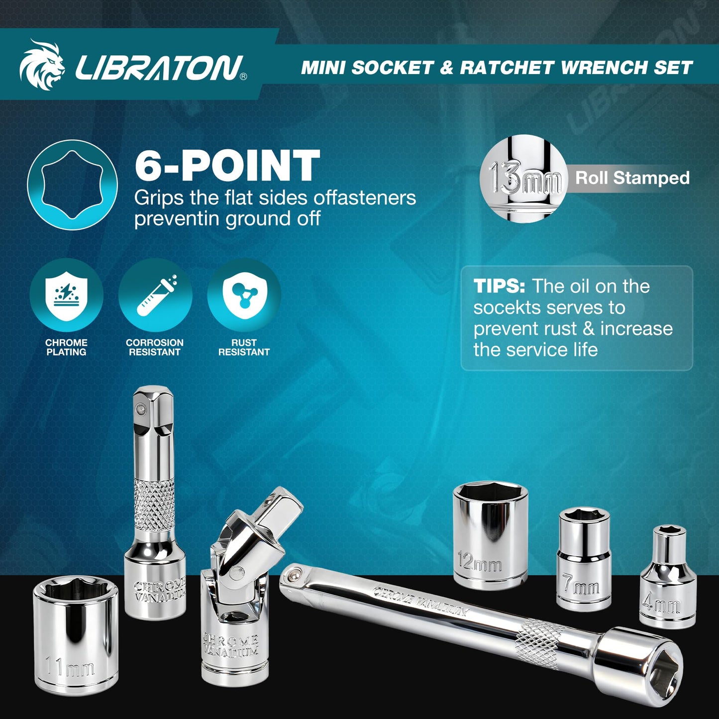 LIBRATON 37PCS 1/4" Drive Mini Socket & Ratchet Wrench Set with Bits, 4-13mm Shallow Sockets, Magnetic Driver Handle, Extension Bars & Universal Joint, with Storage Case for DIY, Auto Repair