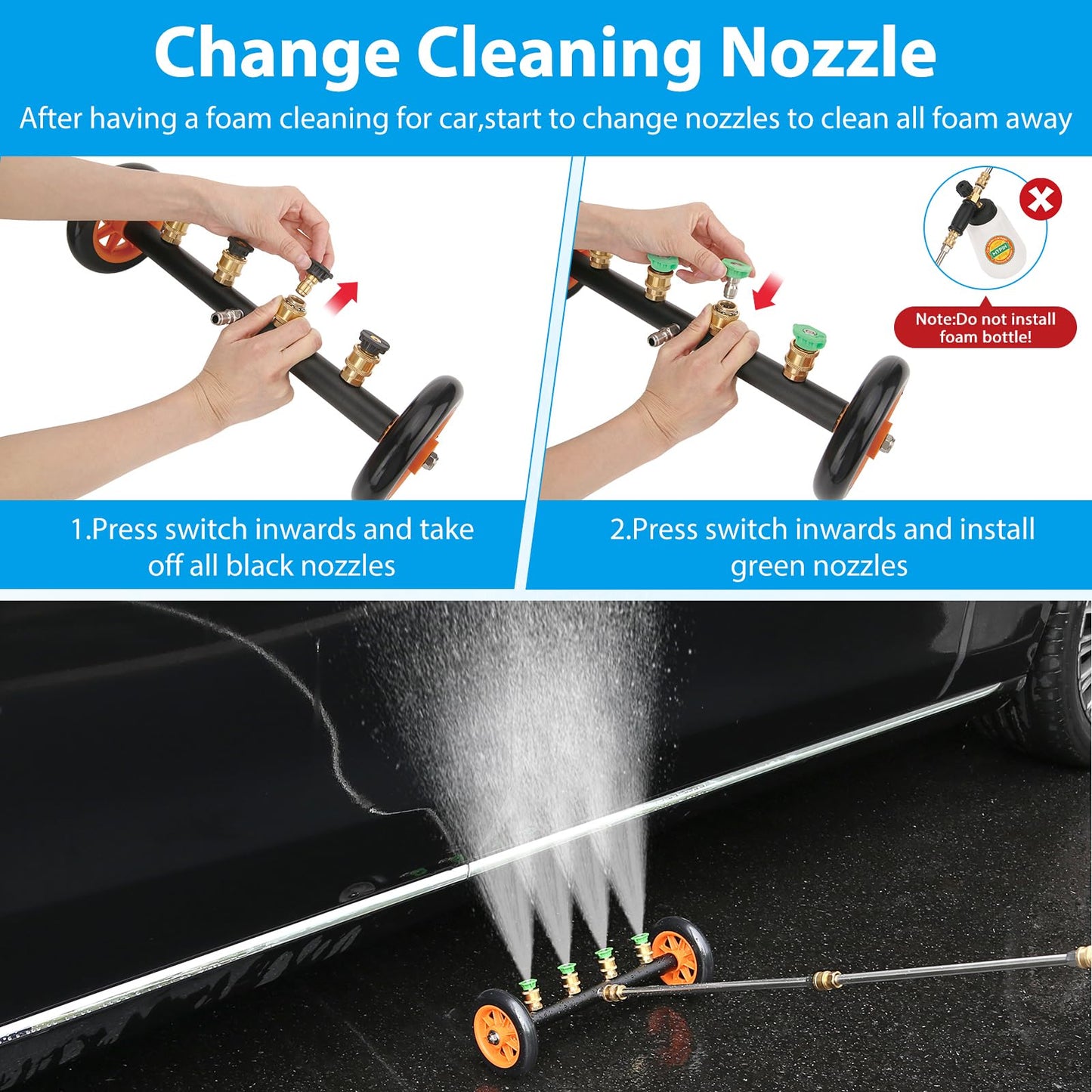 2-in-1 Undercarriage Pressure Washer Water Broom with Replaceable Nozzle, 16 Inch Car Pressure Washer with Foam Cannon/Mitten, Surface Cleaner 1200-4000 PSI (with Bottle& Replaceable Nozzle)