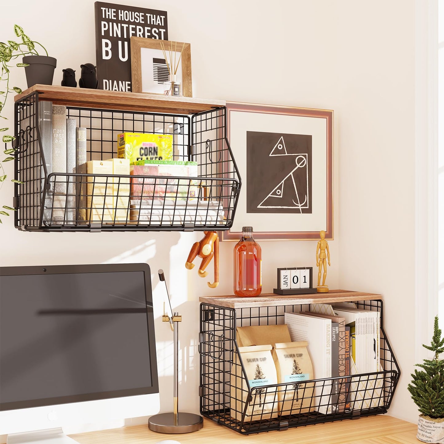 SUNALLY Hanging Fruit Basket for Kitchen Counter Organizing Wire Wall Mounted Baskets Under Cabinet Fruit and Vegetable Produce Storage Organizer Wood Lid Potato and Onion Holder with Hooks, 2 Pack
