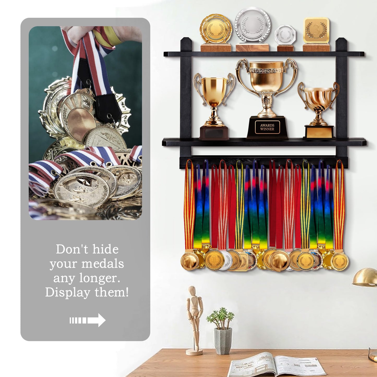 Lavievert Wooden Medal Hanger & Trophy Shelf, Wall-Mounted Race Medal Display with 2 Tier Storage Shelf, Medal Holder Trophy Rack with 19 Hanging Bars - Black
