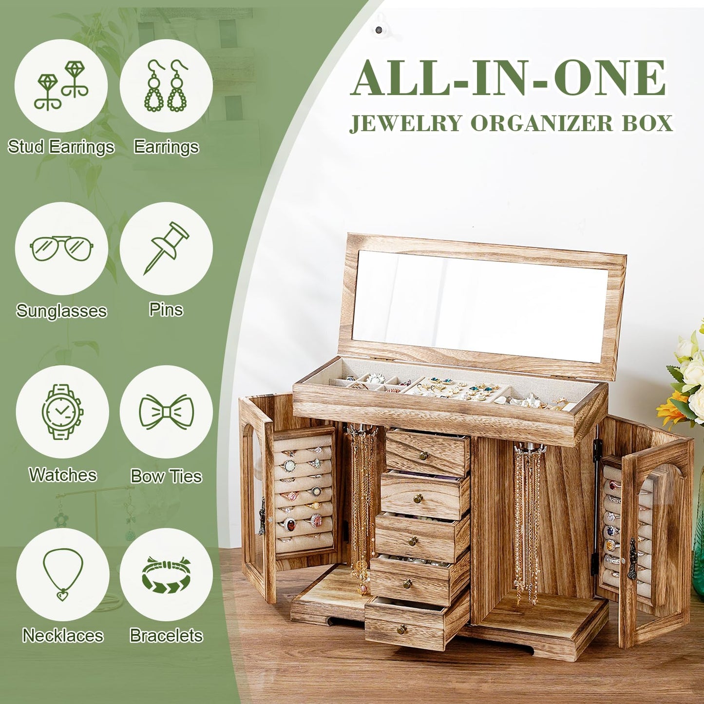 Emfogo Jewelry Box for Women Girls, Rustic Wooden Jewelry Organizer Box with Mirror, 5 Layer Jewelry Storage Case Display for Necklaces Earrings Rings Bracelets Valentine's Day Gifts