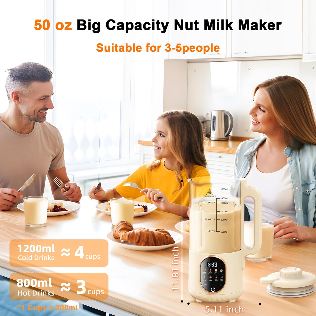 1500ml Automatic Nut Milk Maker 20 Blades for Almond Oat Soy 10 in 1 Milk Plant Based Milks Chowder Juice with Delay Start Boil Water Keep Warm Auto Clean