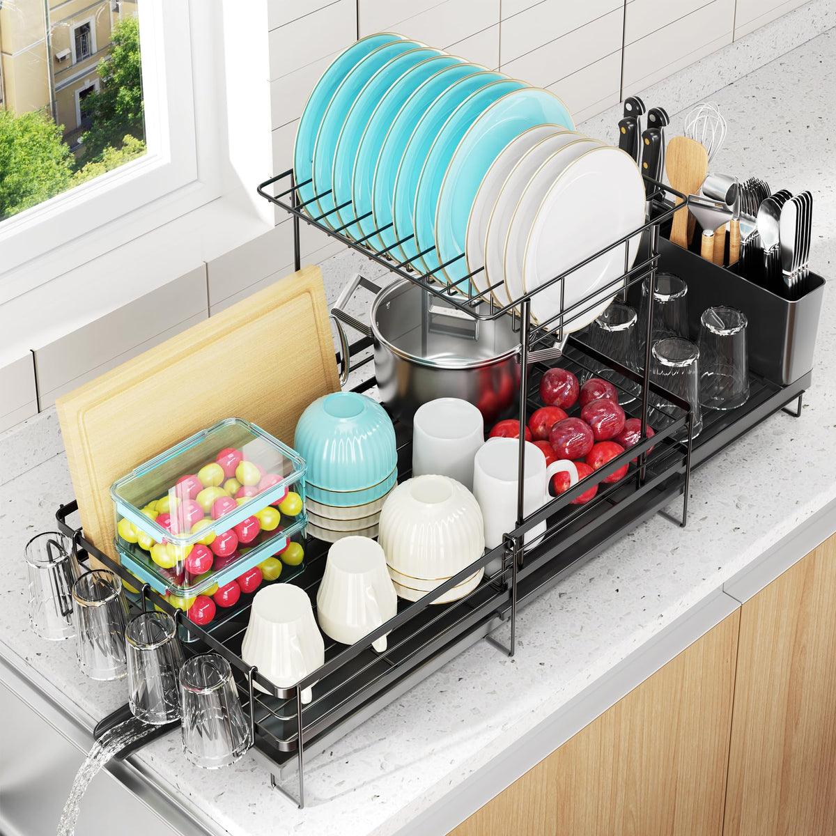 Large Dish Drying Rack, Expandable Dish Rack for Kitchen Counter, Upgraded Dish Drainer with Drainboard Set, Multifunctional Dishrack with Utensil Holder & Cup Holder, 13.4"-28.7" L x 11.8" W (2-Tier)