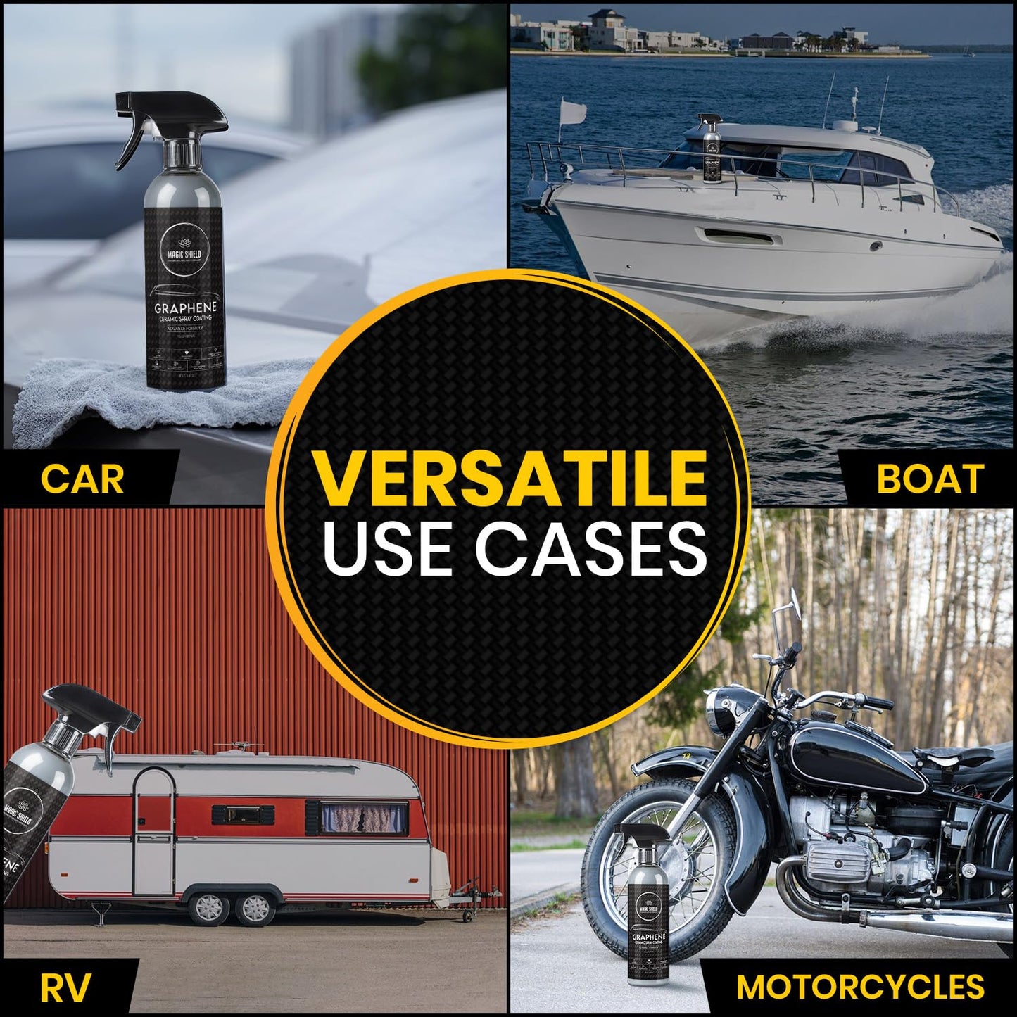 Magic Shield Graphene Ceramic Spray Coating - LAST SO LONG! Quick & Easy for Cars, Motorcycles, Boats & More - Professional-Grade Sealant for Maximum Gloss & Shine - Waterless Wash & Wax - 16oz Bottle
