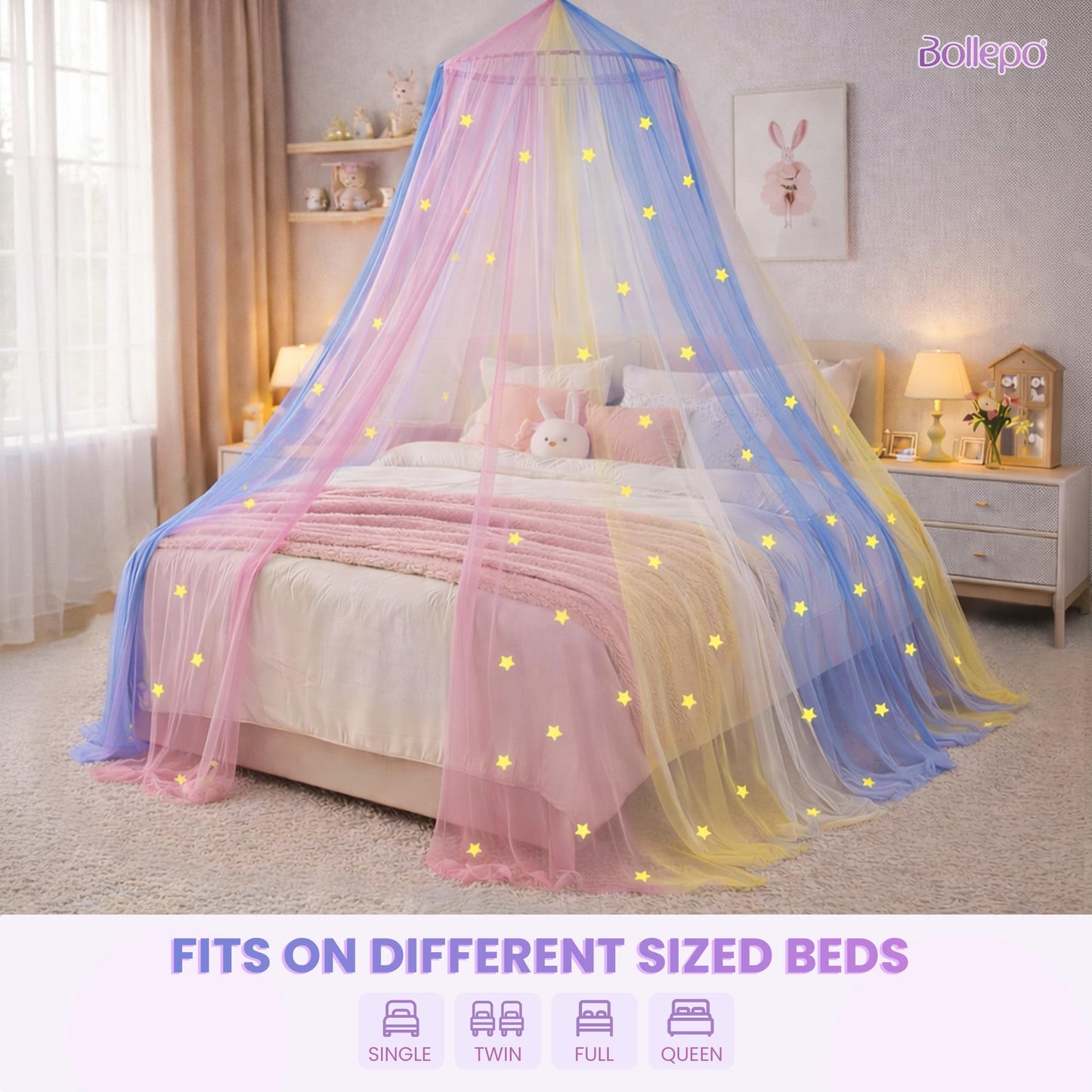 Bollepo Bed Canopy for Girls with Glowing Stars - Princess Rainbow Baby Canopy for Bed, Netting Room Decor, Ceiling Tent, Canopy for Crib | Single, Twin, Full, Queen Size Kids Bed