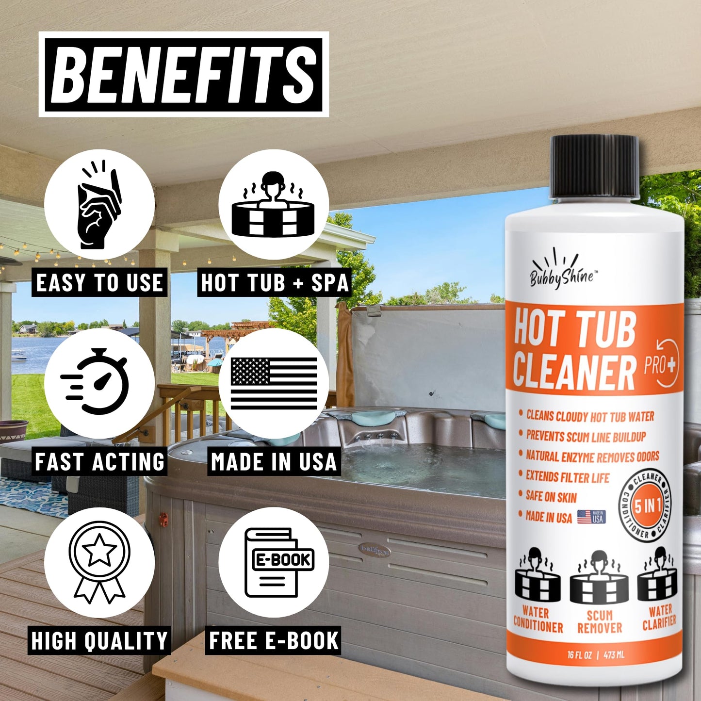 BubbyShine, 5in1 Weekly Hot Tub Cleaner - Spa Clarifier, Natural Enzyme, Conditioner, Scum Absorber, Inflatable Tub Chemicals Starter Kit, Spa Chemicals Cleaner (16 Weeks)